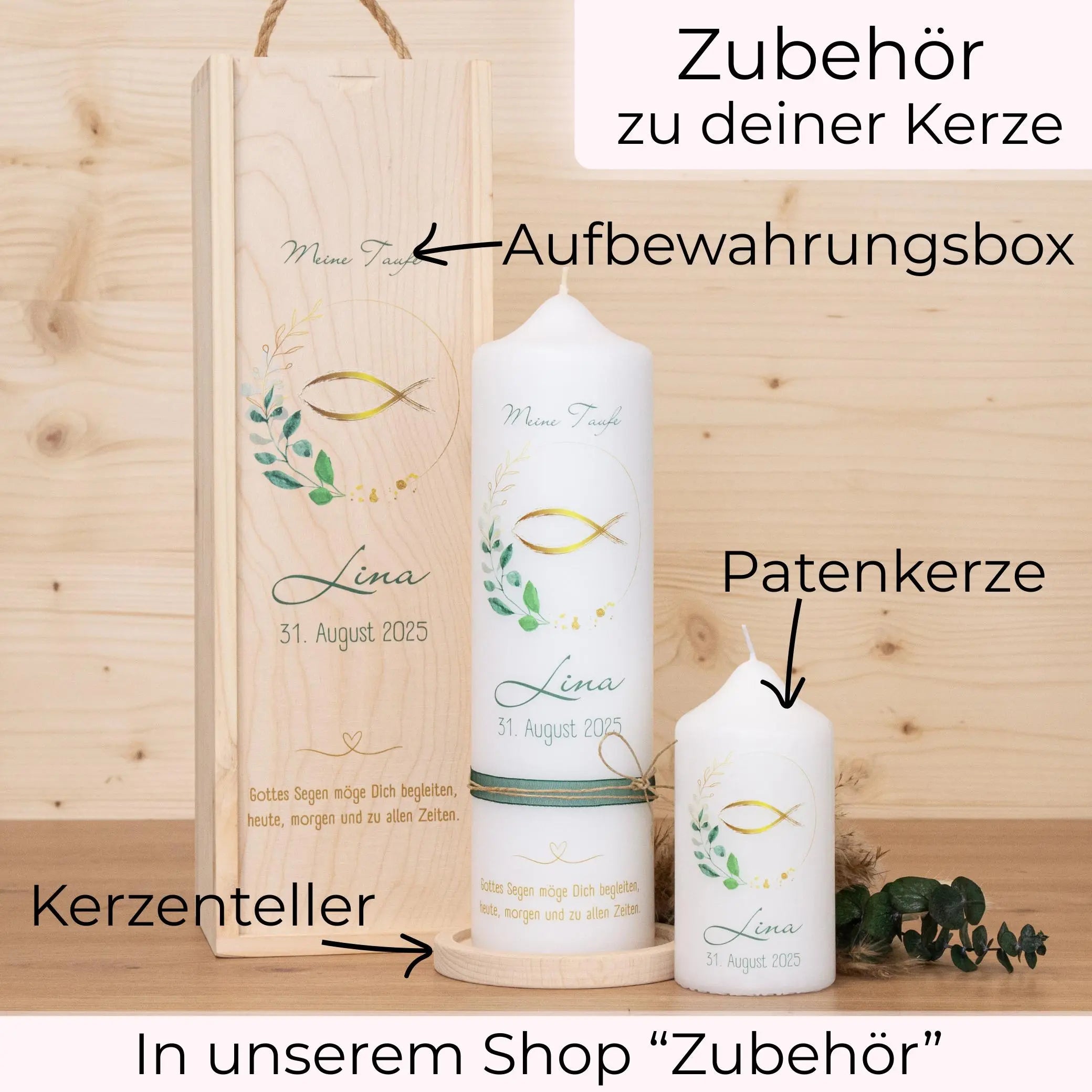 Taufkerze mit Holz - Fisch Cian - individuelle Fertigung - Für die Taufe - Geschenk zur Taufe - Holzkerze - 25x7cm