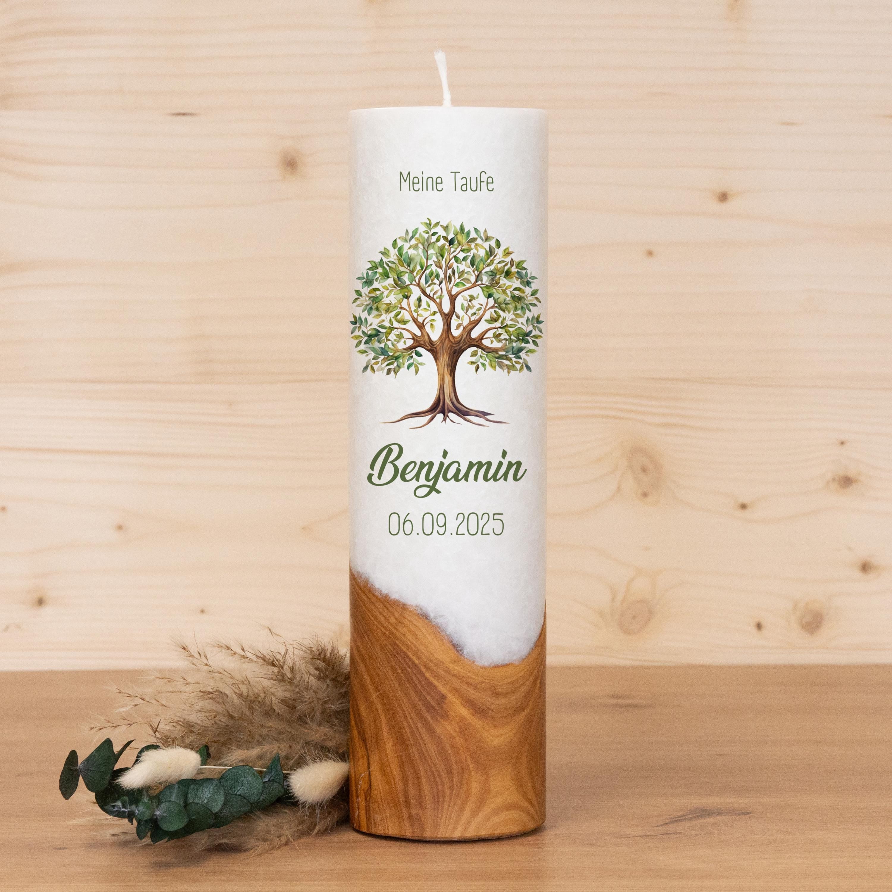 Taufkerze mit Holz - Lebensbaum Benjamin - individuelle Fertigung - Für die Taufe - Geschenk zur Taufe - Holzkerze