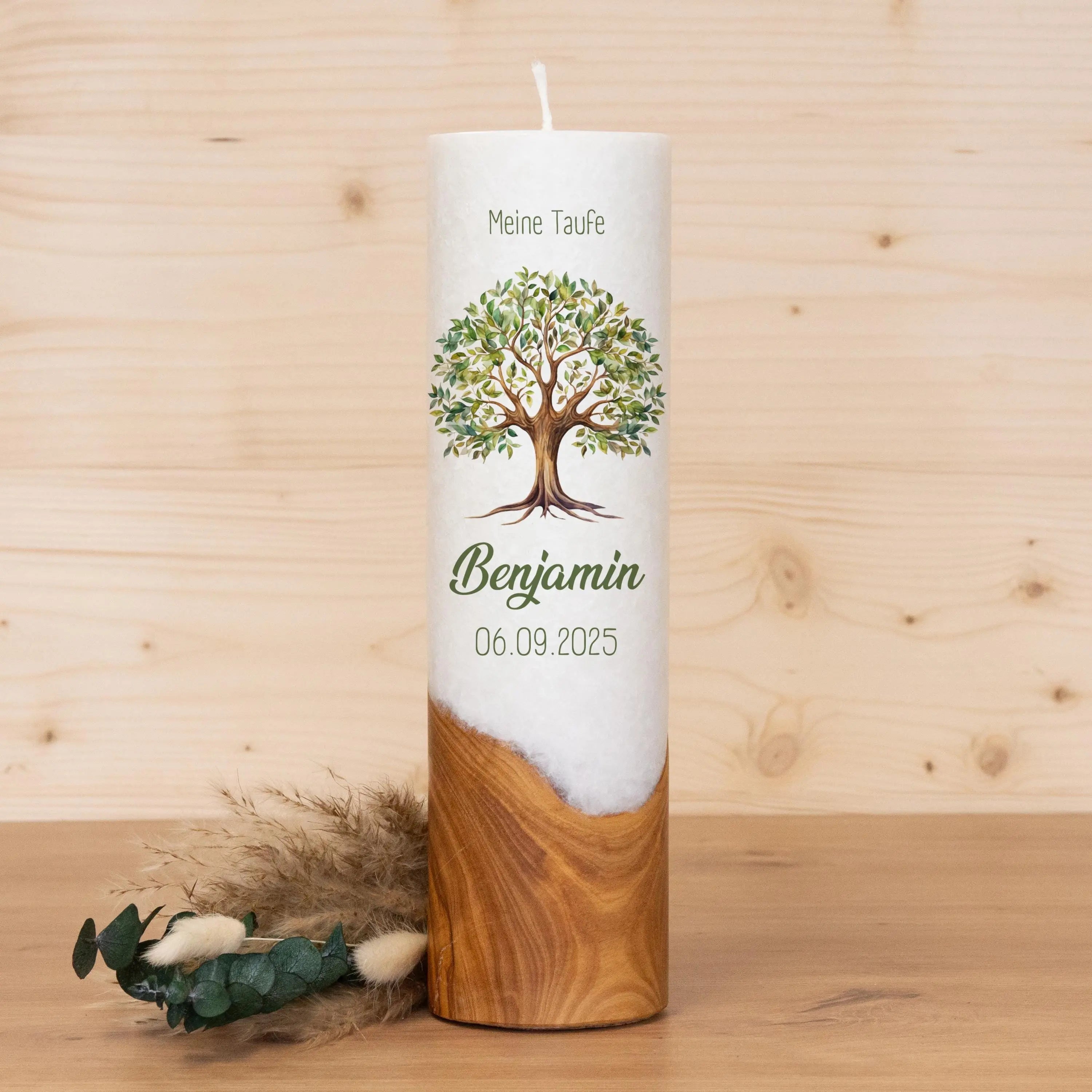 Taufkerze mit Holz - Lebensbaum Benjamin - individuelle Fertigung - Für die Taufe - Geschenk zur Taufe - Holzkerze