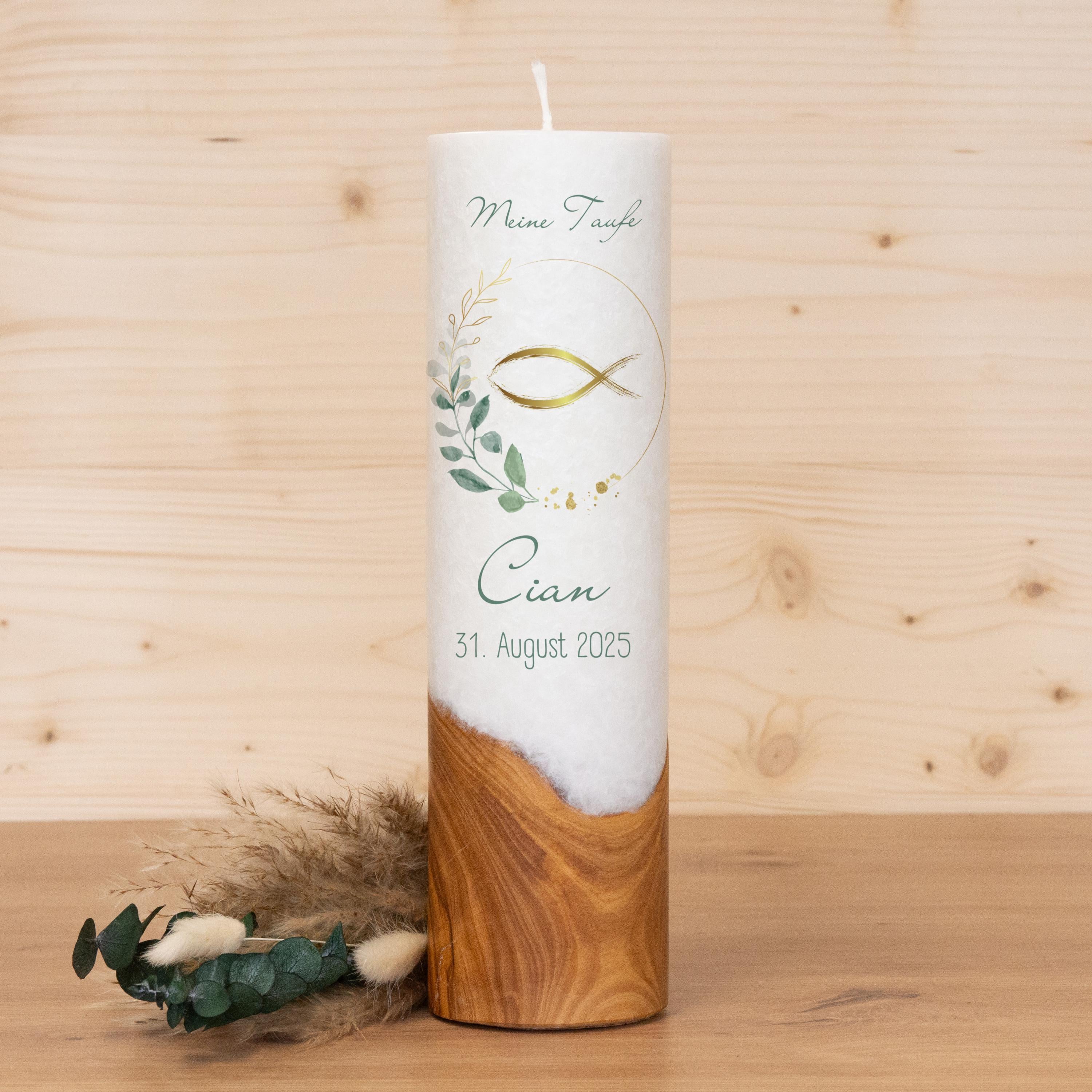 Taufkerze mit Holz - Fisch Cian - individuelle Fertigung - Für die Taufe - Geschenk zur Taufe - Holzkerze - 25x7cm