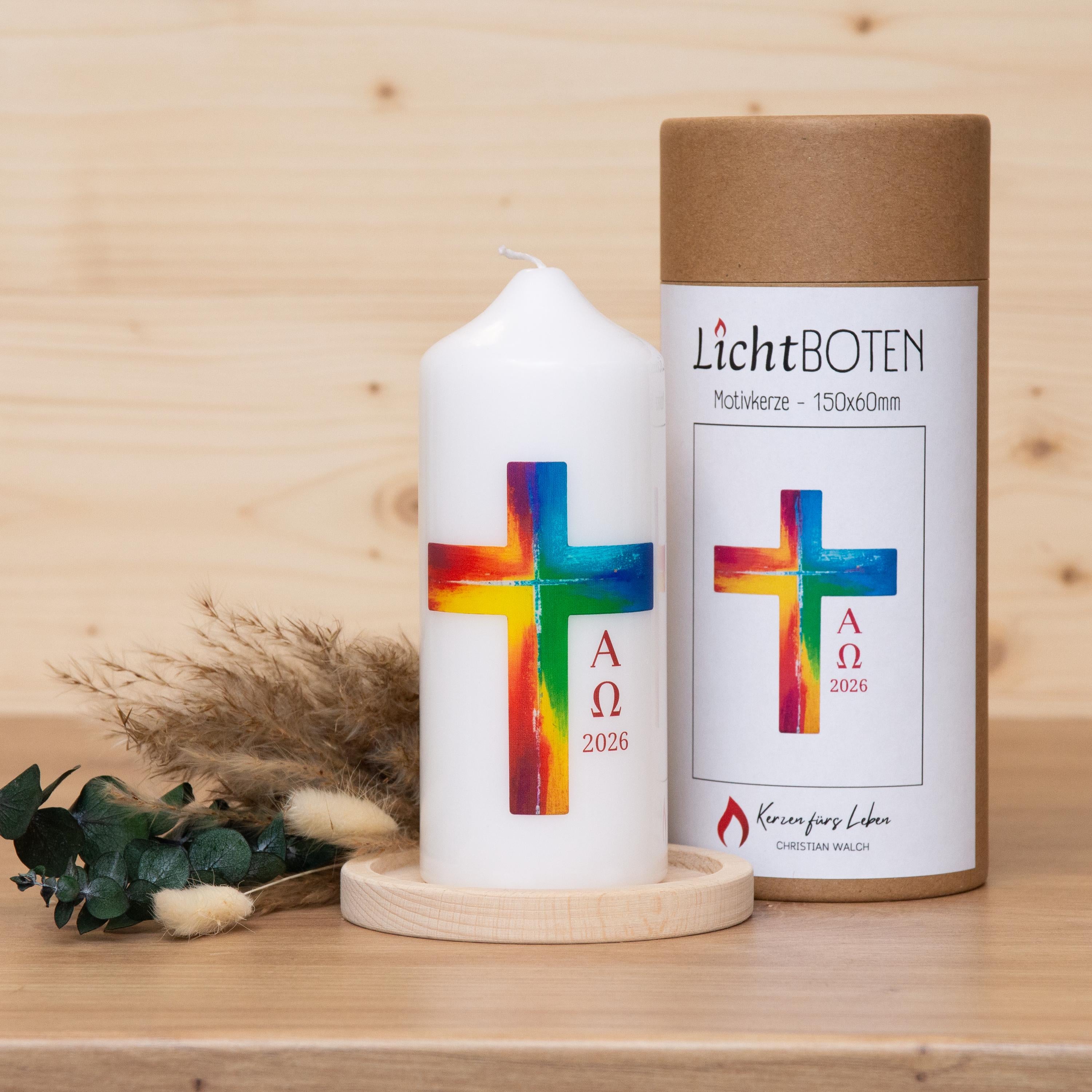 Osterkerze buntem Kreuz | Osterkreuz | Kerze mit Ostermotiv | Kerze Kreuz | Geschenkkerze | Geschenkset | 150x60mm