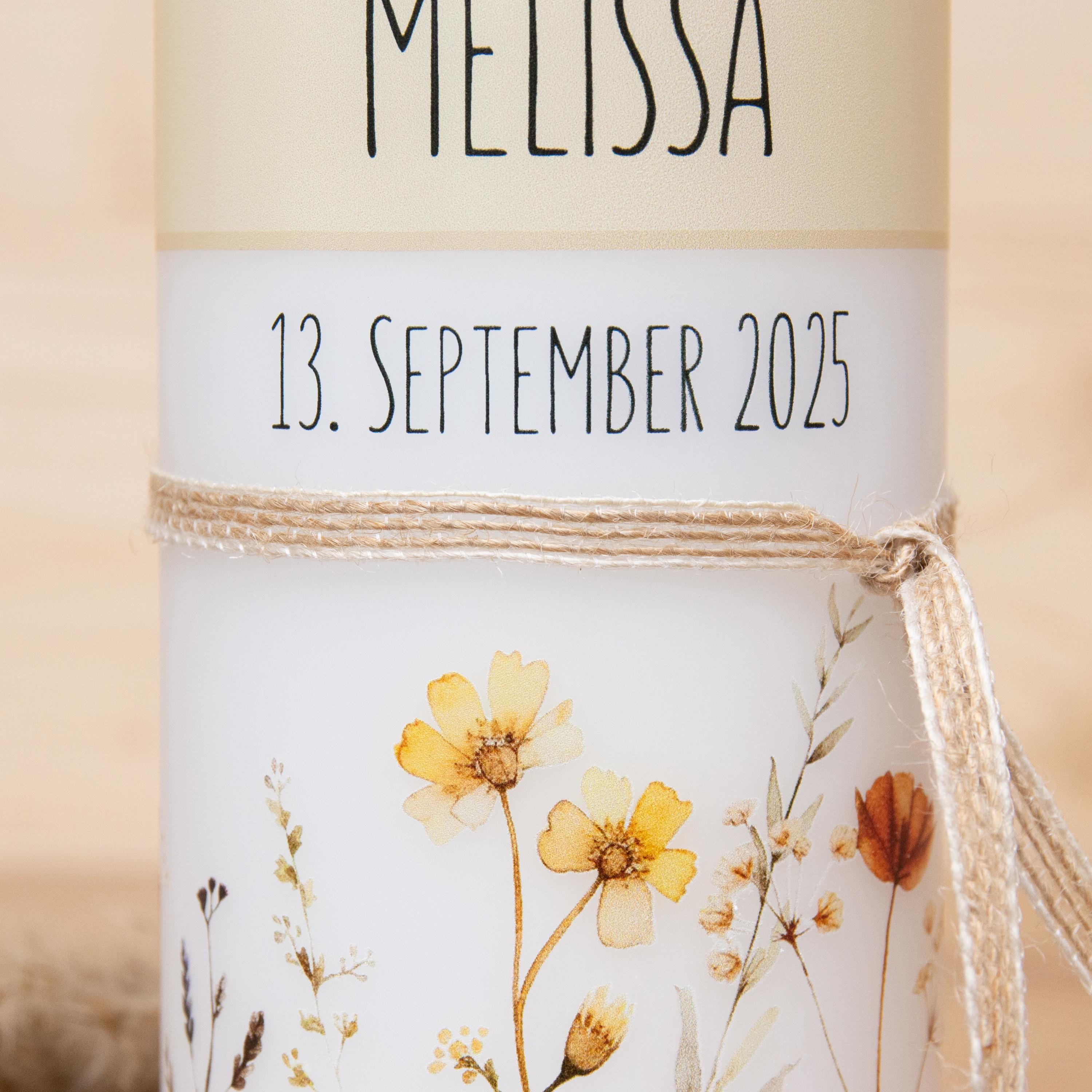 personalisierte Taufkerze Blumenwiese - Melissa - Wildblumen - Für die Taufe, Kerze zur Taufe, Taufkerze, Personalisierte Taufkerze - Band