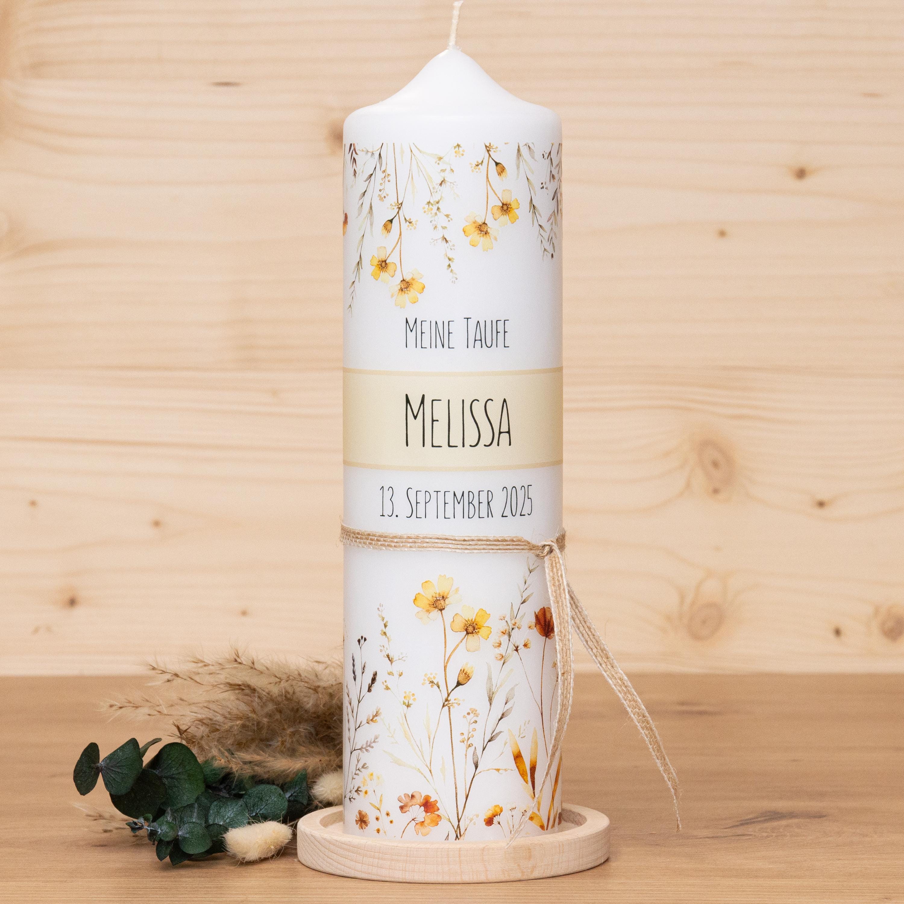 personalisierte Taufkerze Blumenwiese - Melissa - Wildblumen - Für die Taufe, Kerze zur Taufe, Taufkerze, Personalisierte Taufkerze - Band