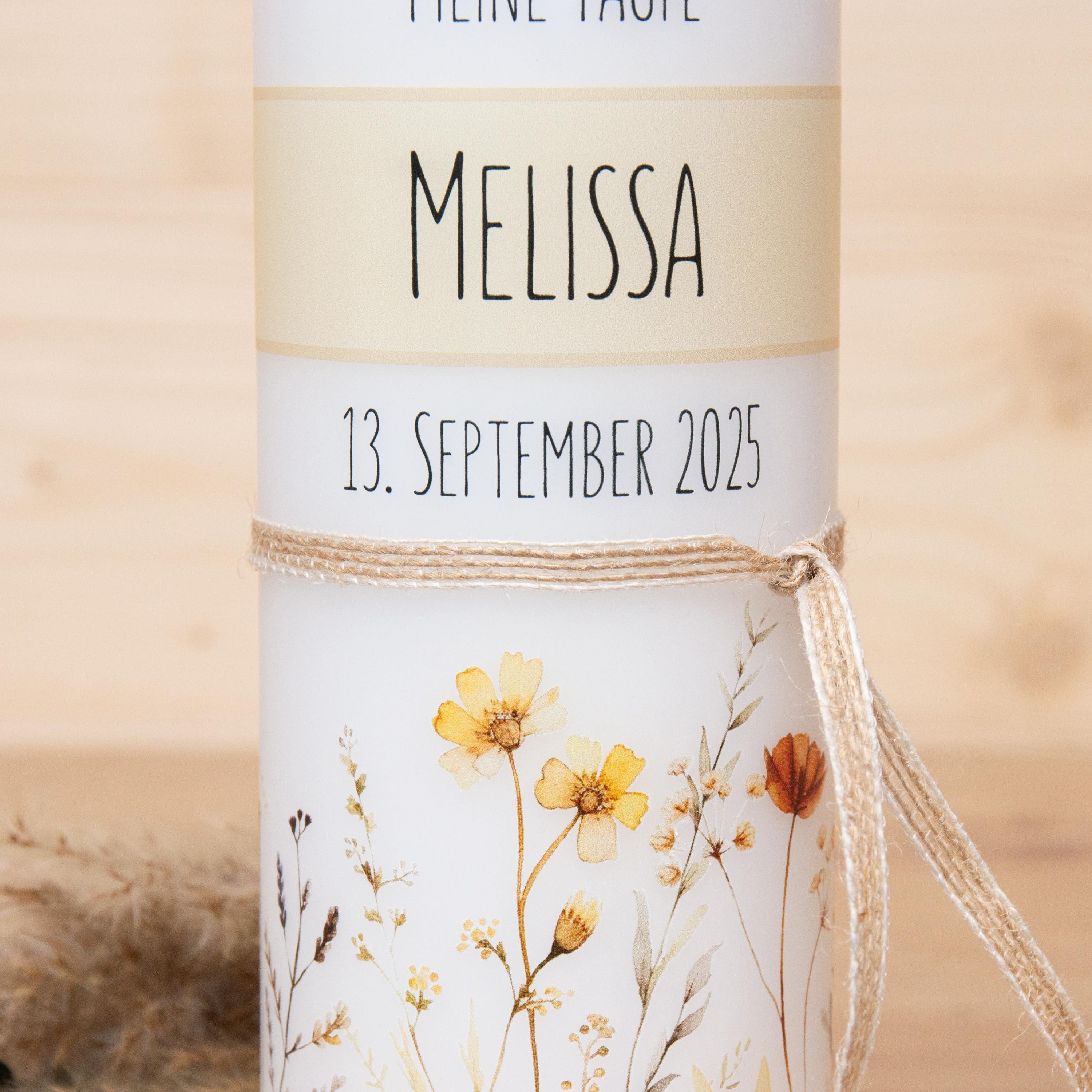 personalisierte Taufkerze Blumenwiese - Melissa - Wildblumen - Für die Taufe, Kerze zur Taufe, Taufkerze, Personalisierte Taufkerze - Band