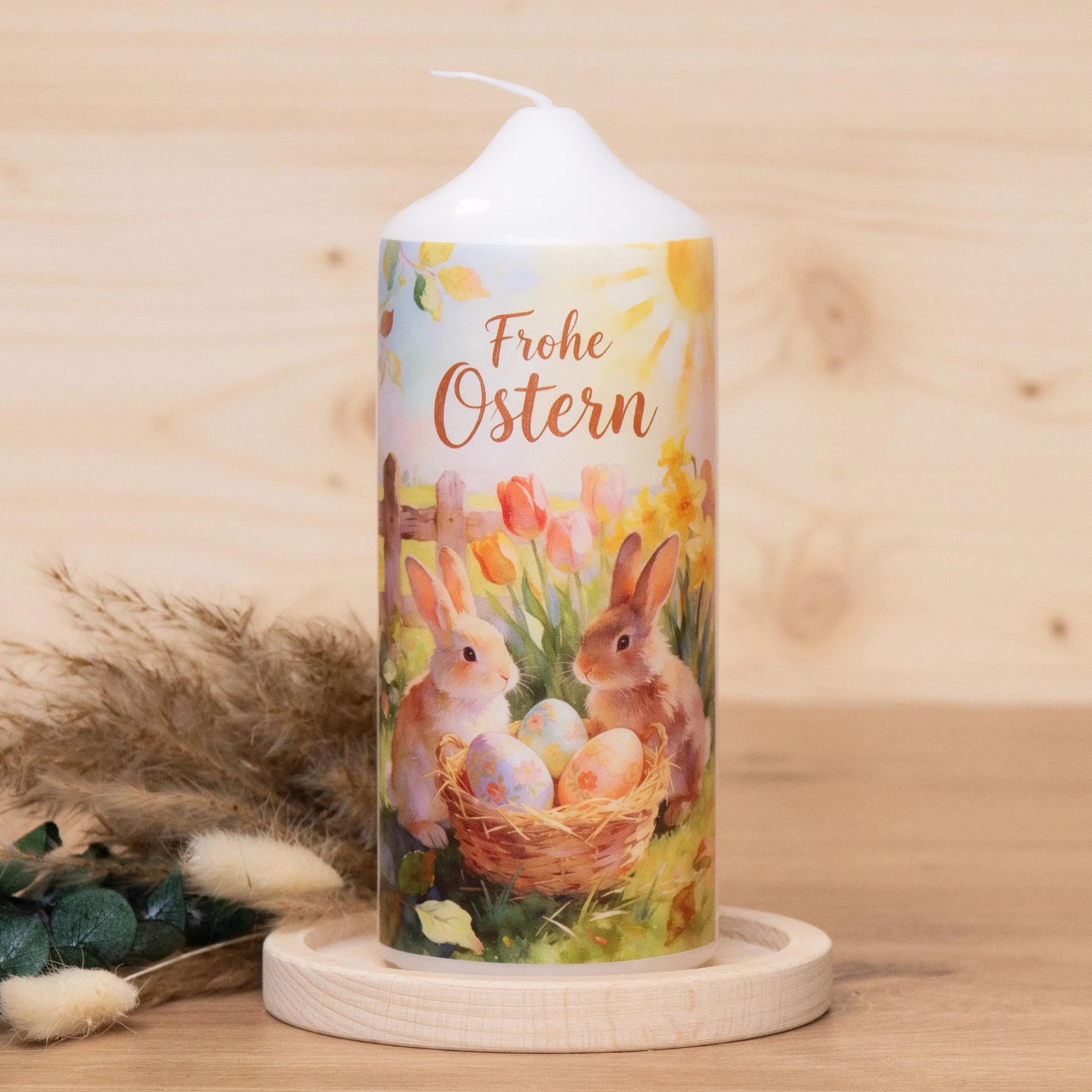 Osterkerze mit zwei Osterhasen | Osternest | Kerze mit Ostermotiv | Kerze Osterhase | Geschenkkerze | Geschenkset | 150x60mm