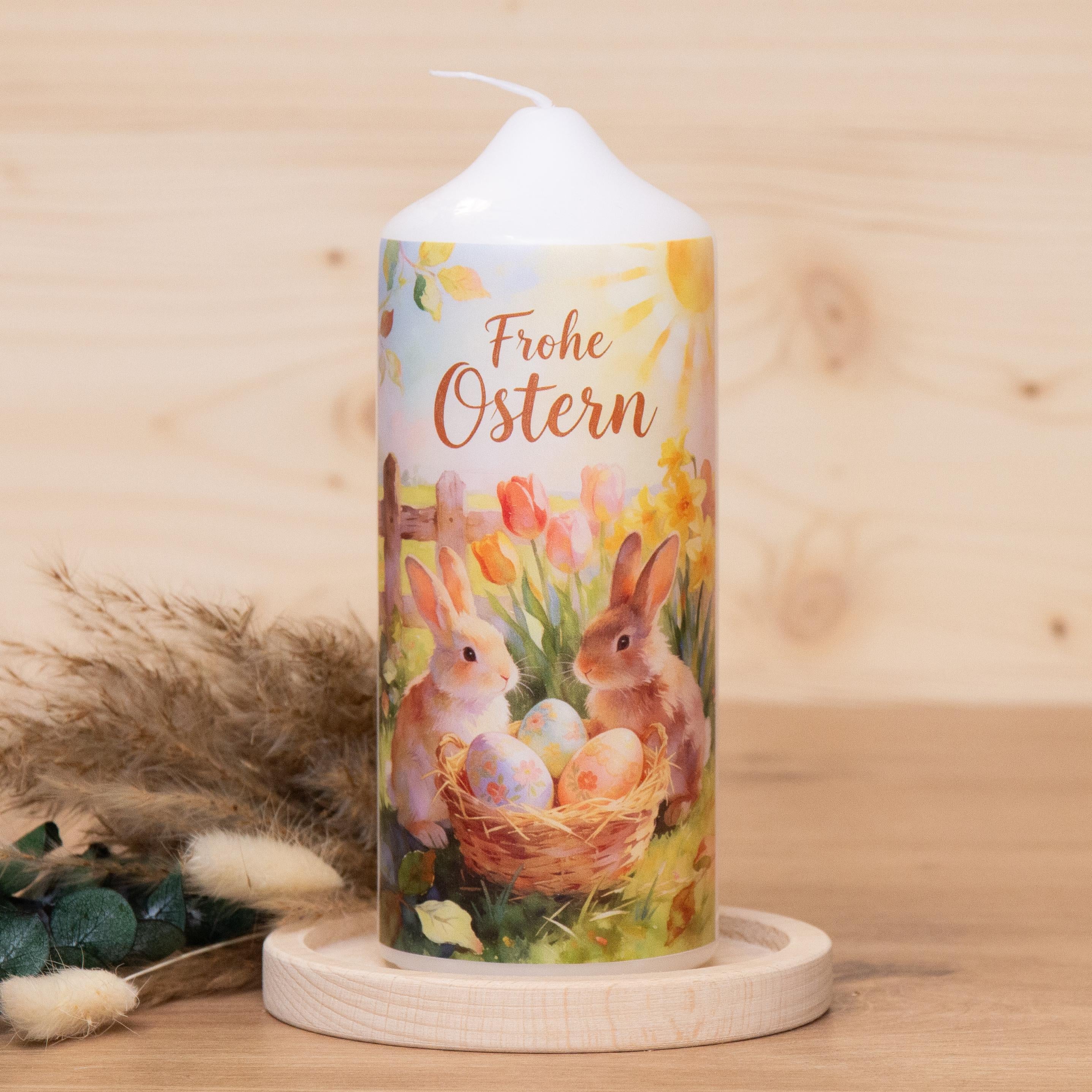 Osterkerze mit zwei Osterhasen | Osternest | Kerze mit Ostermotiv | Kerze Osterhase | Geschenkkerze | Geschenkset | 150x60mm