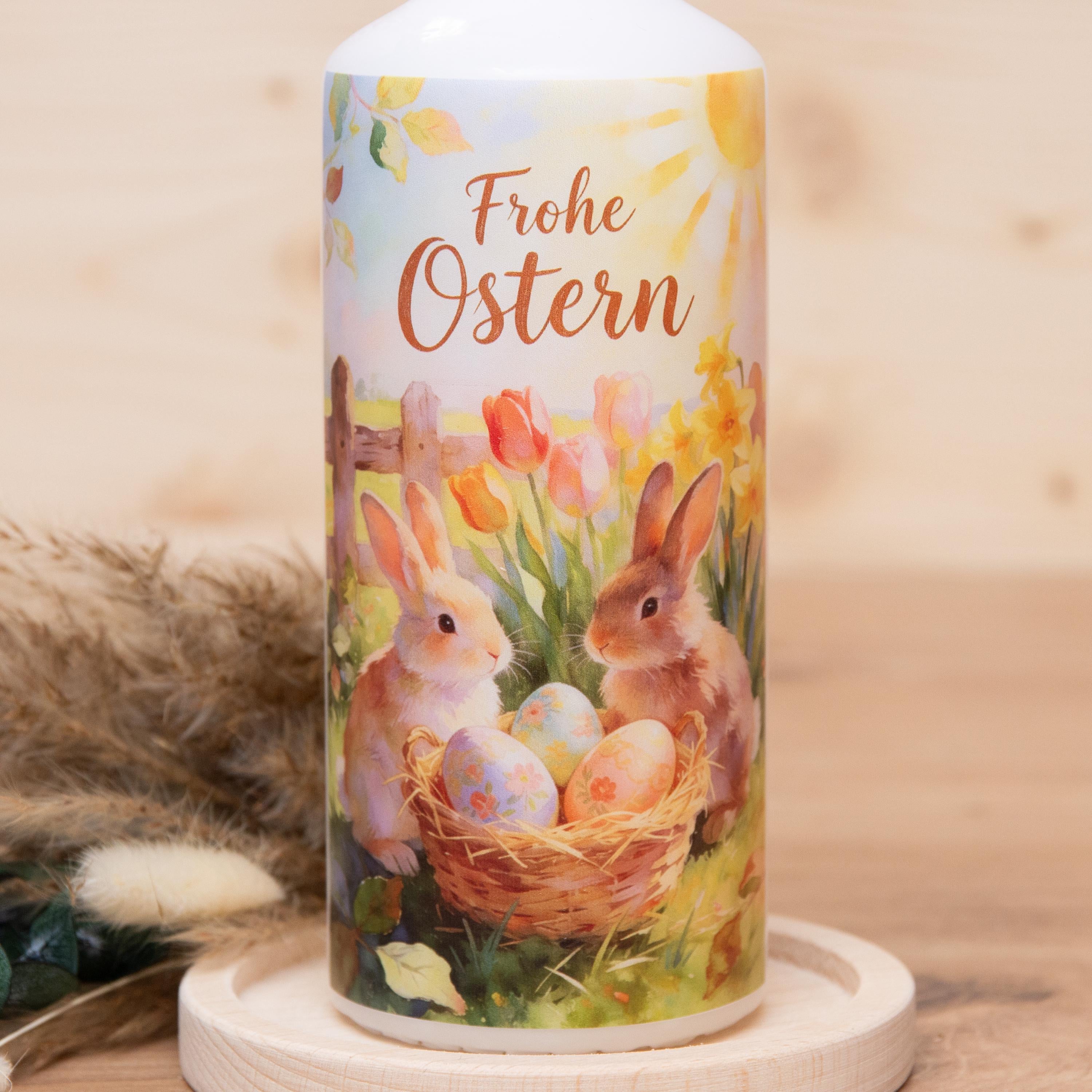 Osterkerze mit zwei Osterhasen | Osternest | Kerze mit Ostermotiv | Kerze Osterhase | Geschenkkerze | Geschenkset | 150x60mm