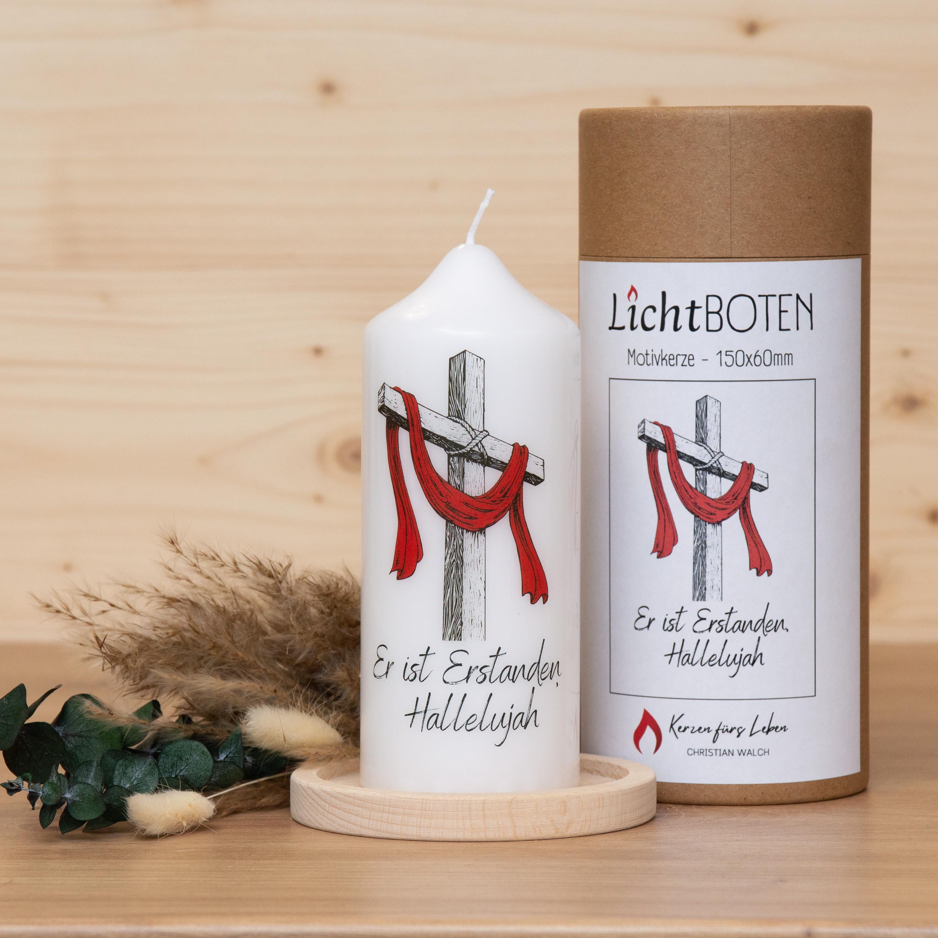 Osterkerze Er ist Erstanden, Hallelujah | Osterkreuz | Kerze mit Ostermotiv | Kerze Kreuz | Geschenkkerze | Geschenkset | 150x60mm