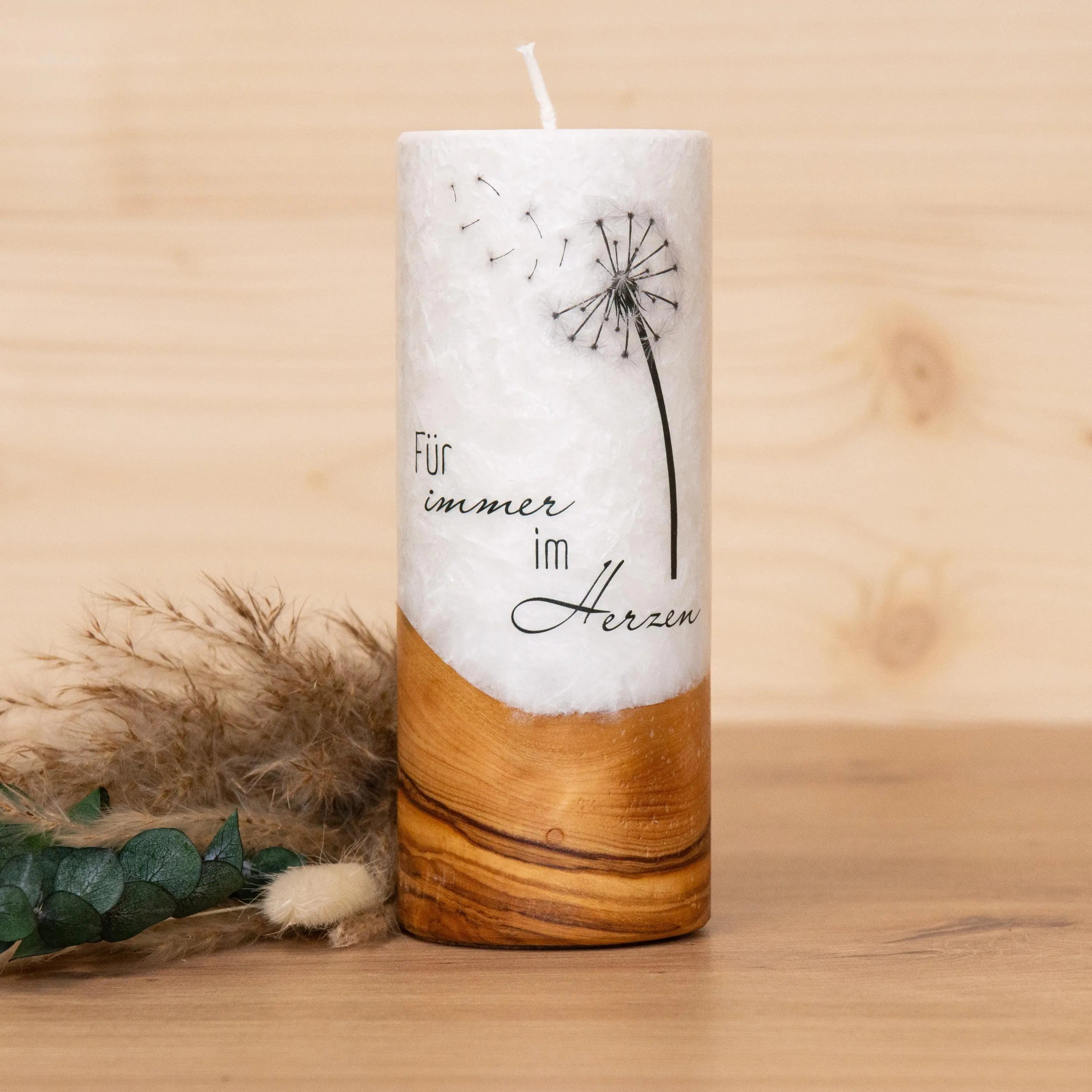 Trauerkerze mit Holz - Für immer im Herzen - Geschenkset nach Wahl, Gedenklicht, Geschenk für Trauernde, Trauergeschenk, Karte, Kuvert