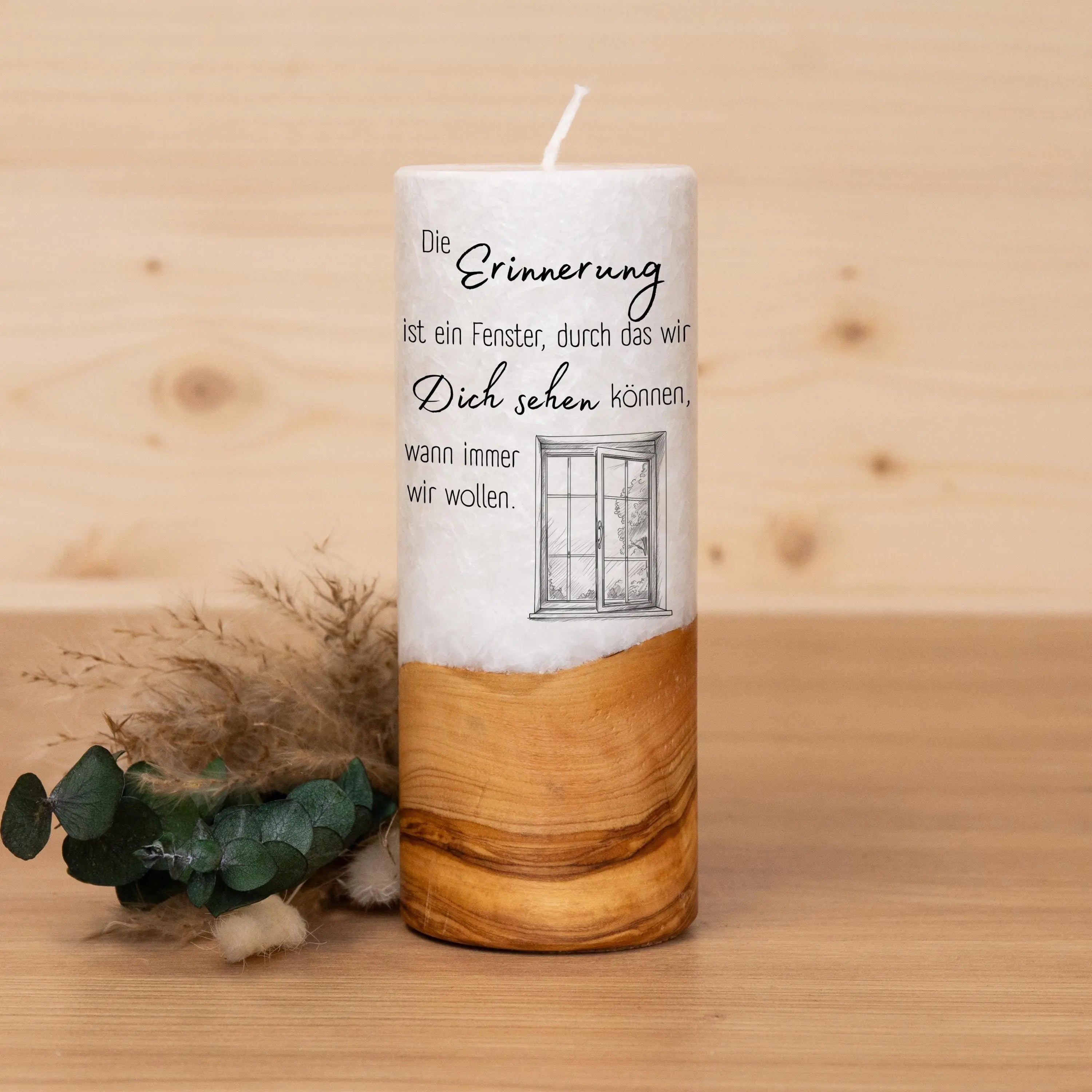 Trauerkerze mit Holz - Die Erinnerung - Geschenkset nach Wahl, Gedenklicht, Geschenk für Trauernde, Trauergeschenk, Karte, Kuvert