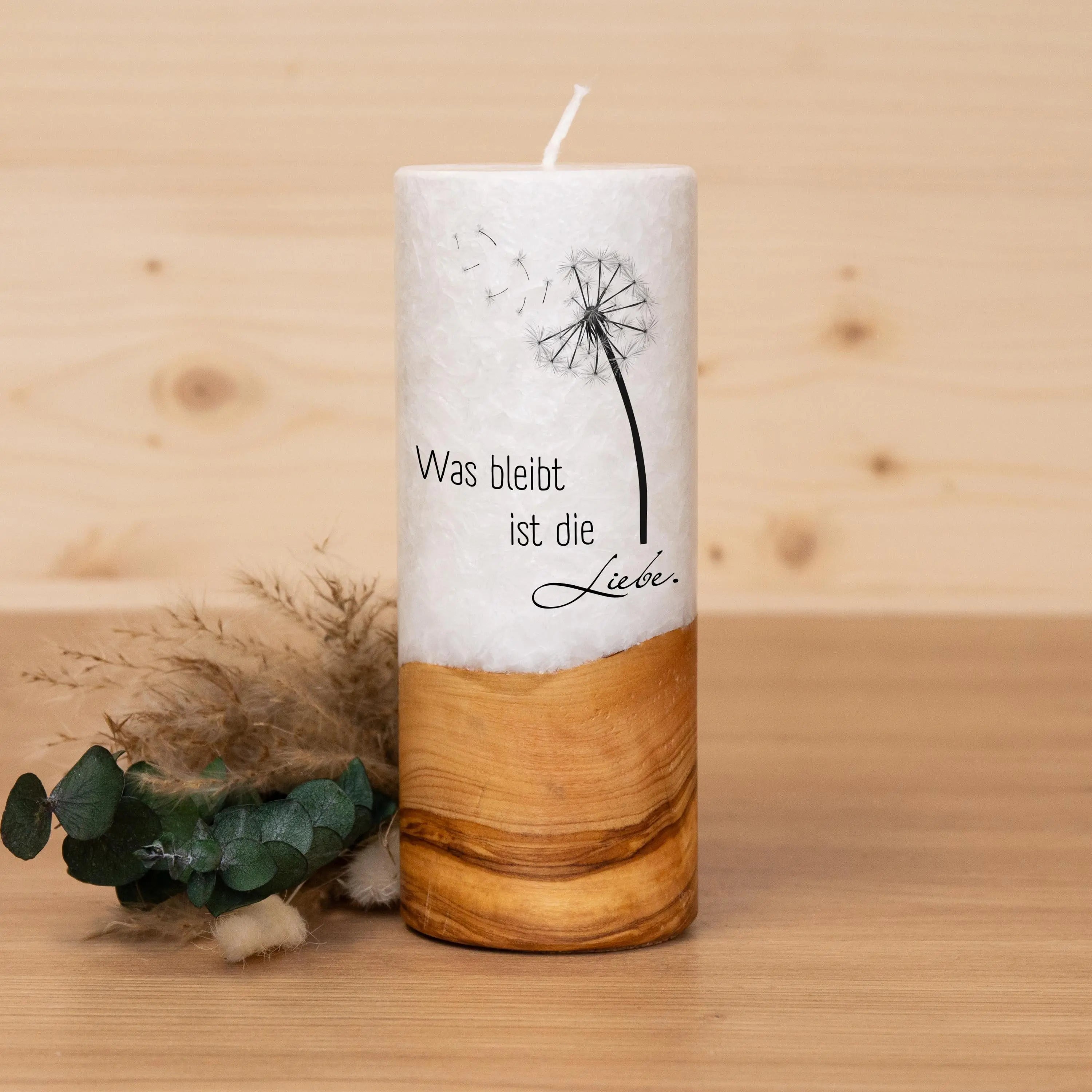 Trauerkerze mit Holz - Was bleibt ist die Liebe - Geschenkset nach Wahl, Gedenklicht, Geschenk für Trauernde, Trauergeschenk, Karte, Kuvert