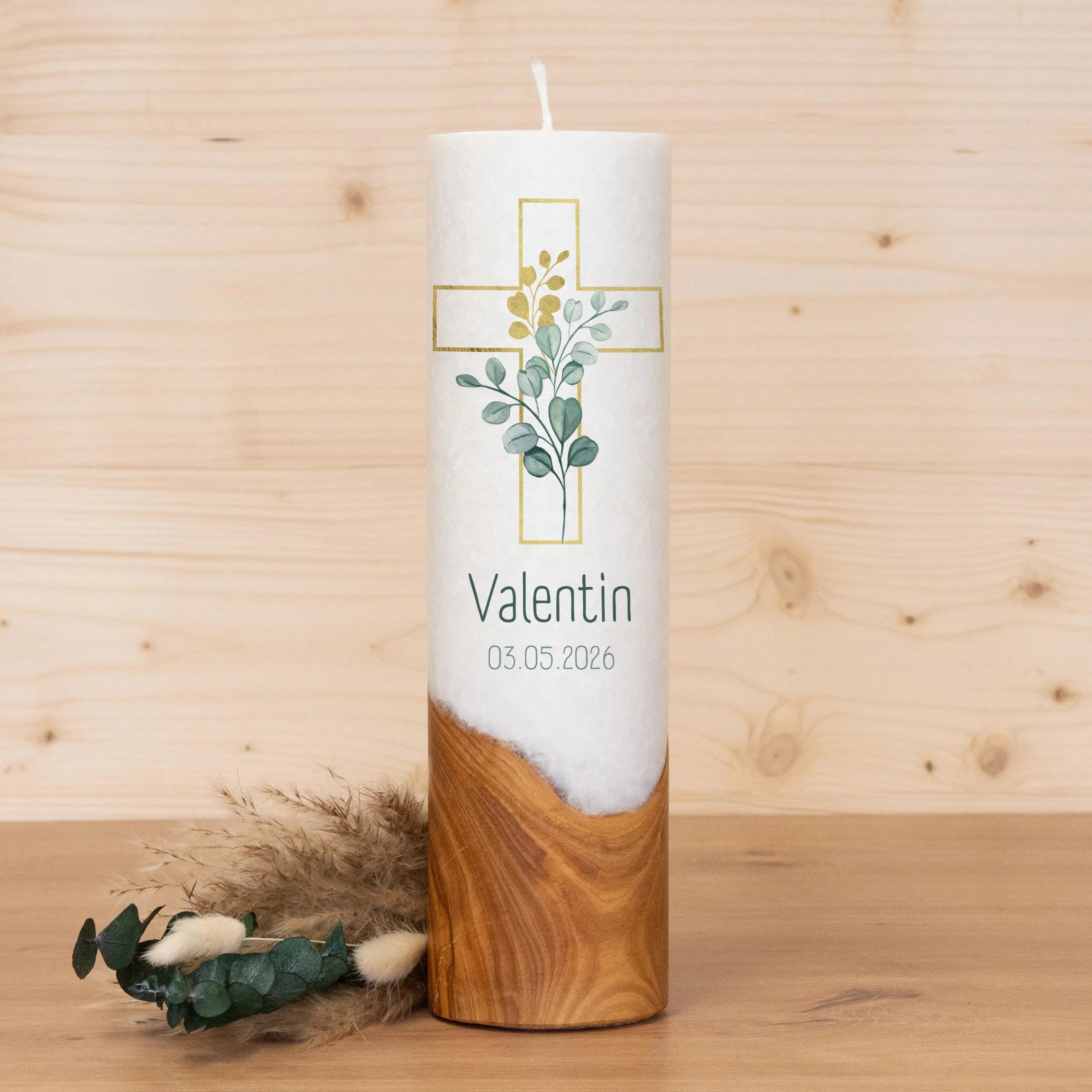Taufkerze mit Holz - Kreuz Valentin - individuelle Fertigung - Für die Taufe - Geschenk zur Taufe - Holzkerze