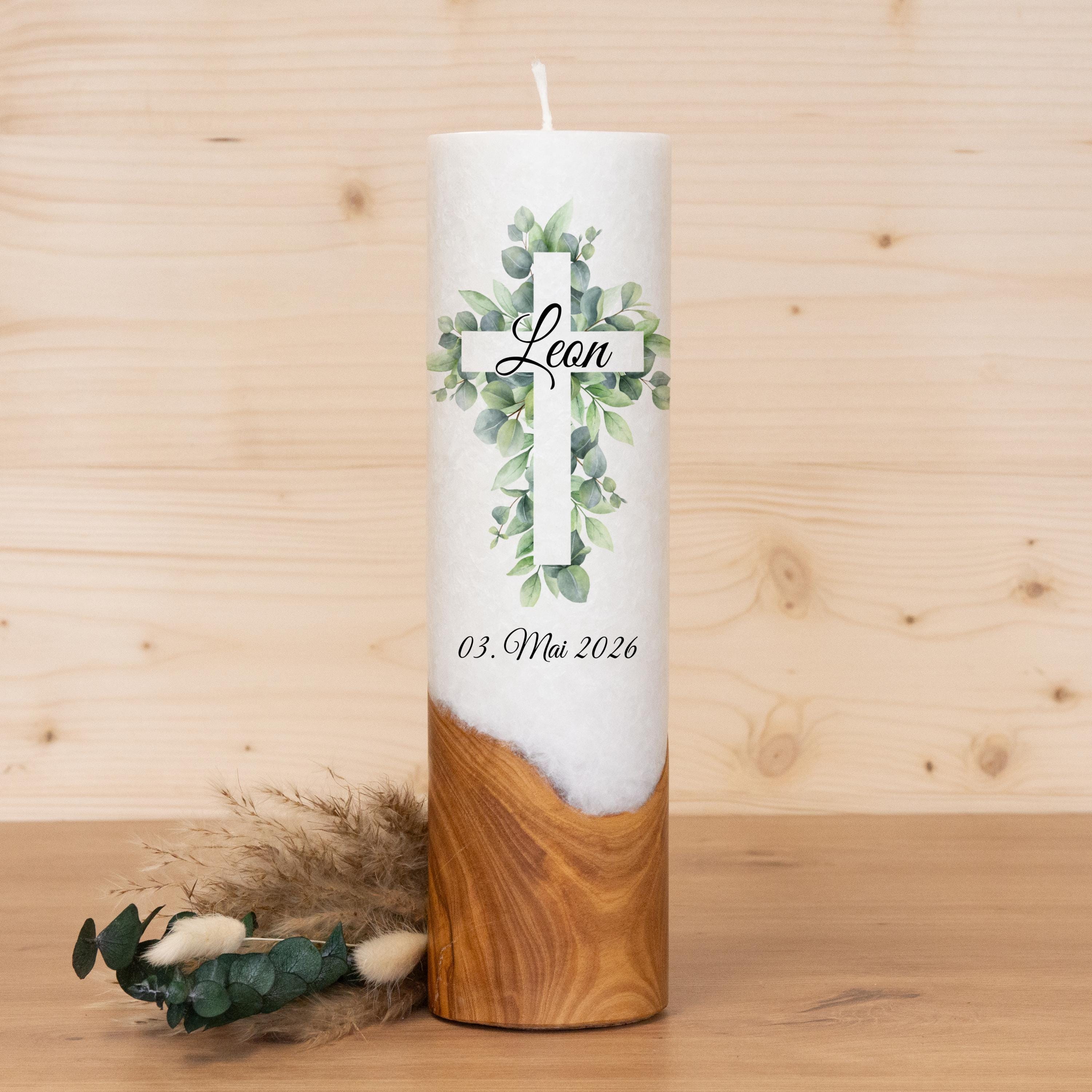 Taufkerze mit Holz - Blatt Kreuz Leon - individuelle Fertigung - Für die Taufe - Geschenk zur Taufe - Holzkerze