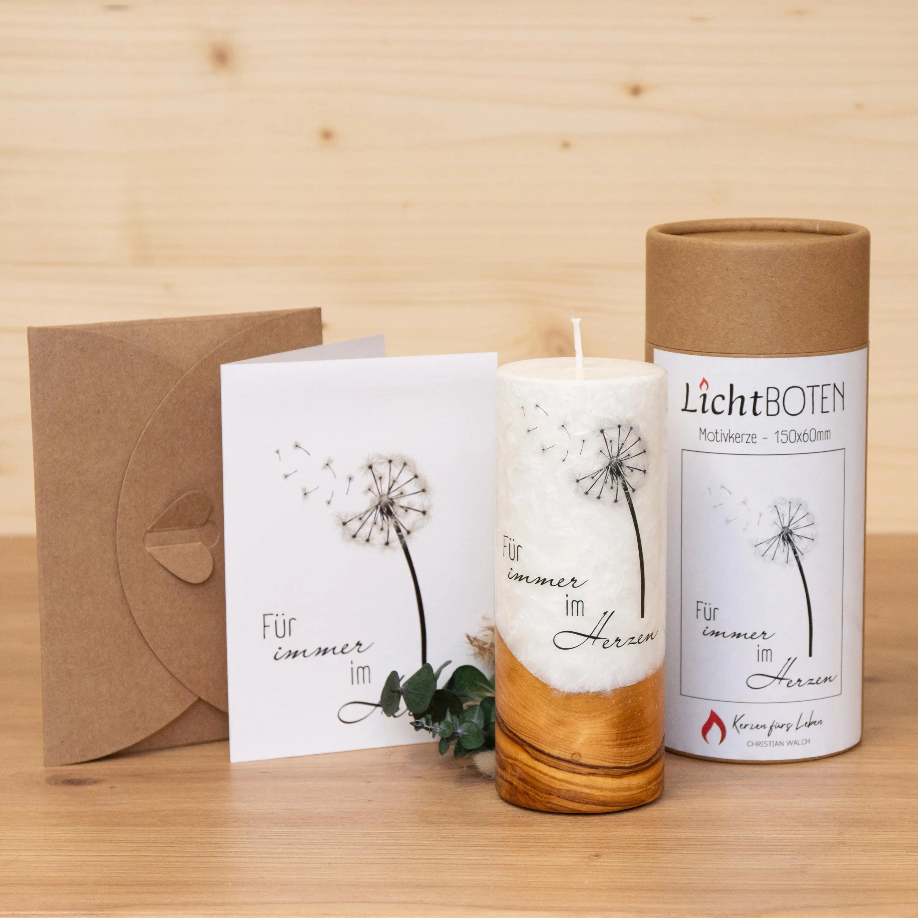 Trauerkerze mit Holz - Für immer im Herzen - Geschenkset nach Wahl, Gedenklicht, Geschenk für Trauernde, Trauergeschenk, Karte, Kuvert