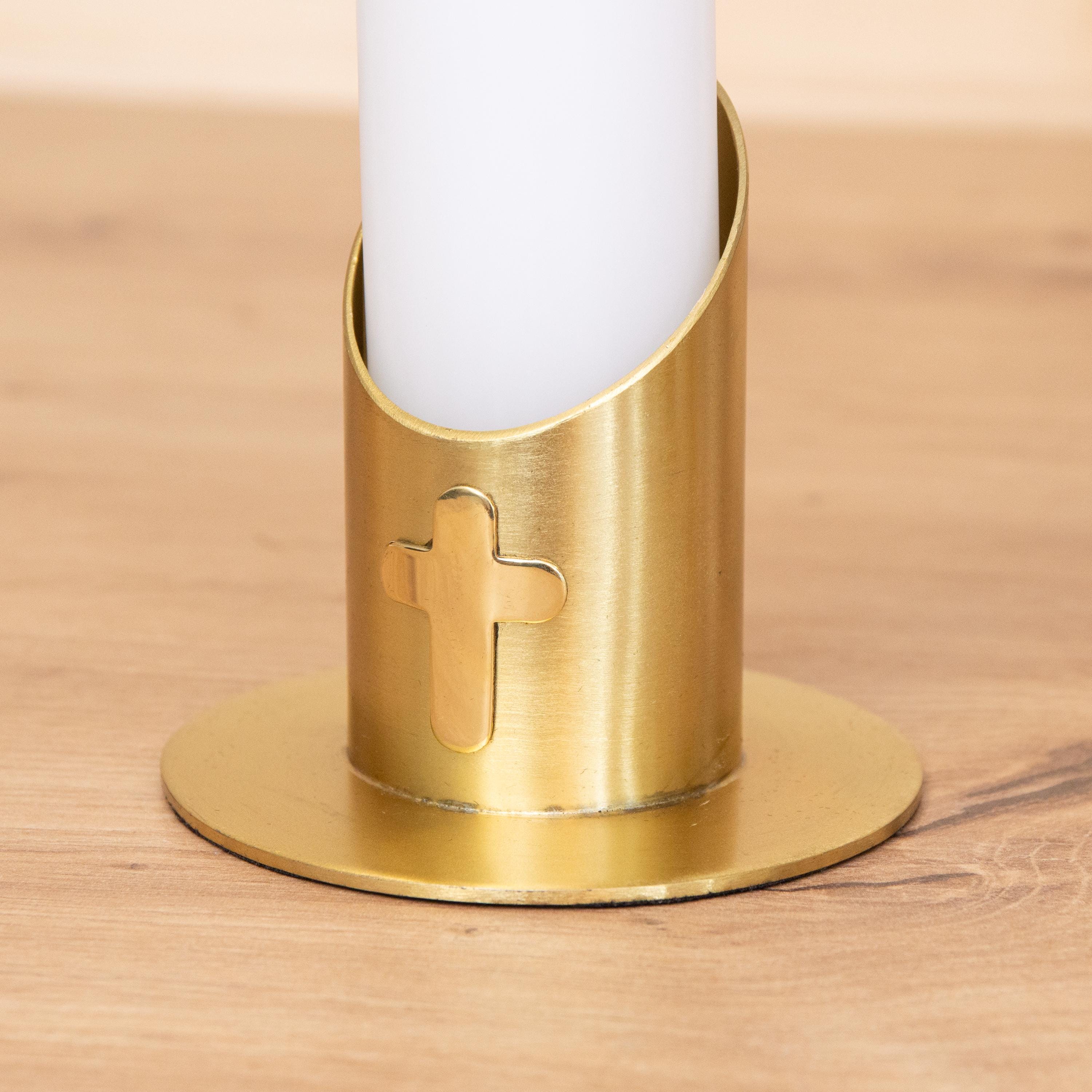 Kerzenhalter bis 4cm in Gold Farbe - Kreuz – Halter für Taufkerze, Kommunionkerze & Hochzeitskerze | Metall Kerzenständer festliche Deko