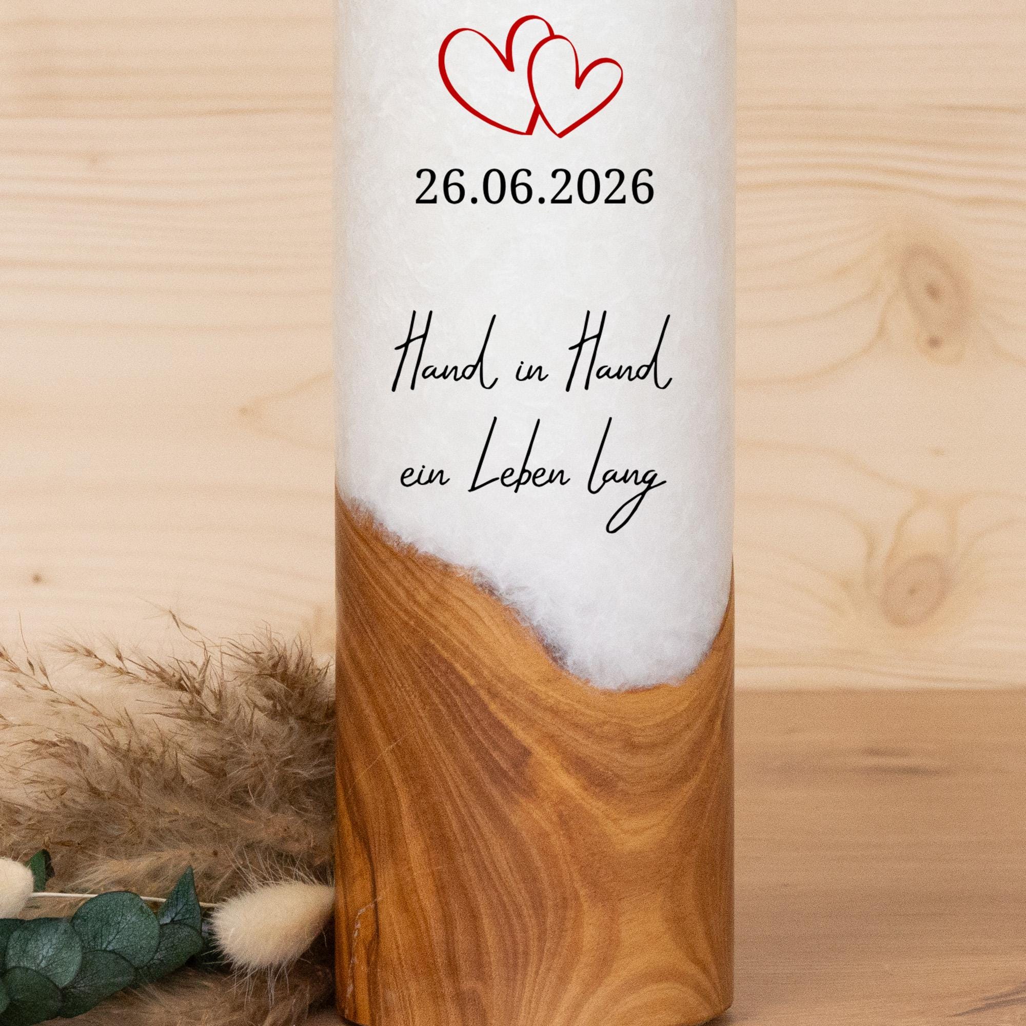 Hochzeitskerze mit Holz - Herzen - individuelle Fertigung - Für die Hochzeit - Geschenk zur Hochzeit - Holzkerze