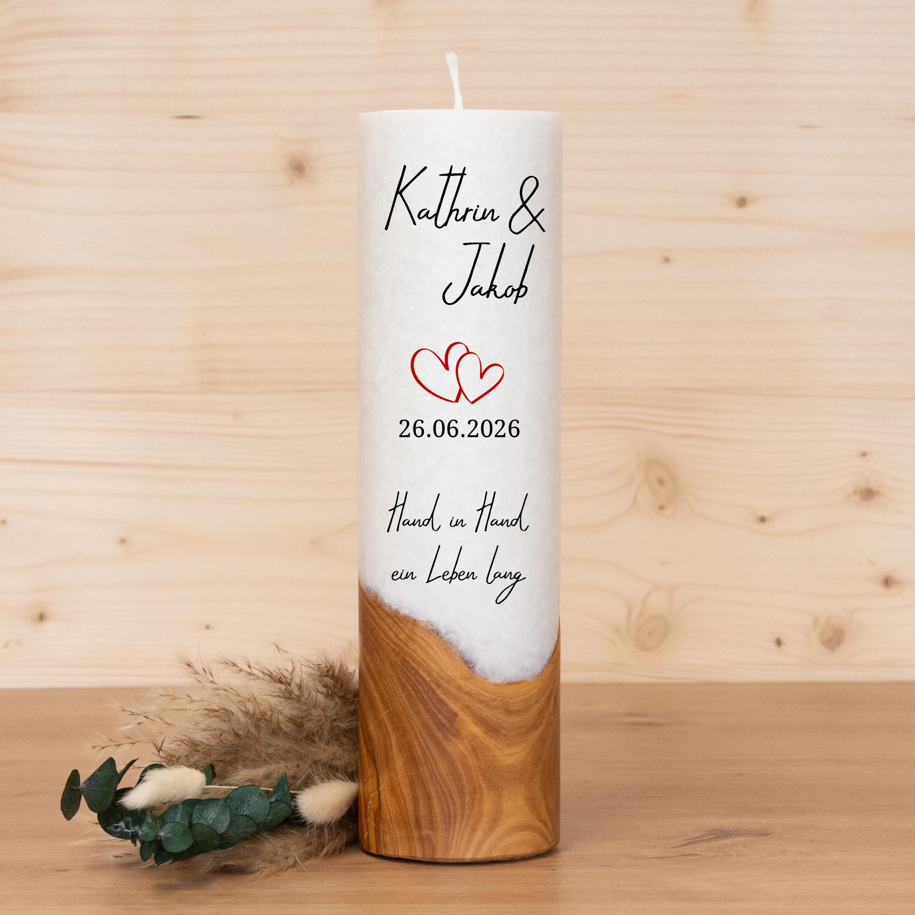 Hochzeitskerze mit Holz - Herzen - individuelle Fertigung - Für die Hochzeit - Geschenk zur Hochzeit - Holzkerze