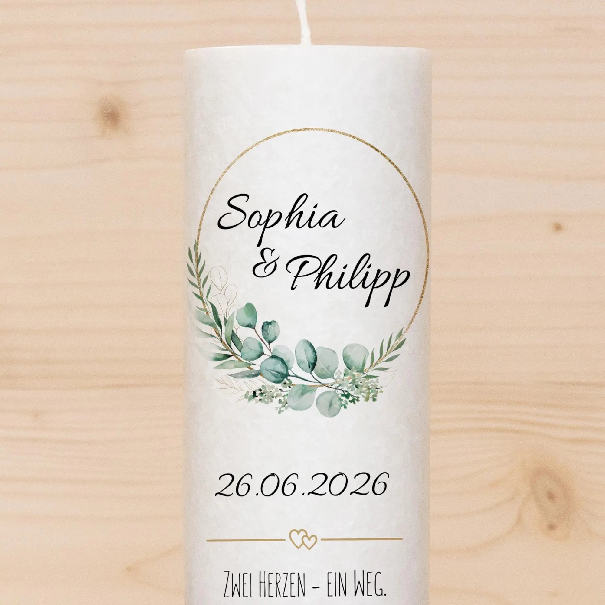 Hochzeitskerze mit Holz - Blätterkranz - individuelle Fertigung - Für die Hochzeit - Geschenk zur Hochzeit - Holzkerze
