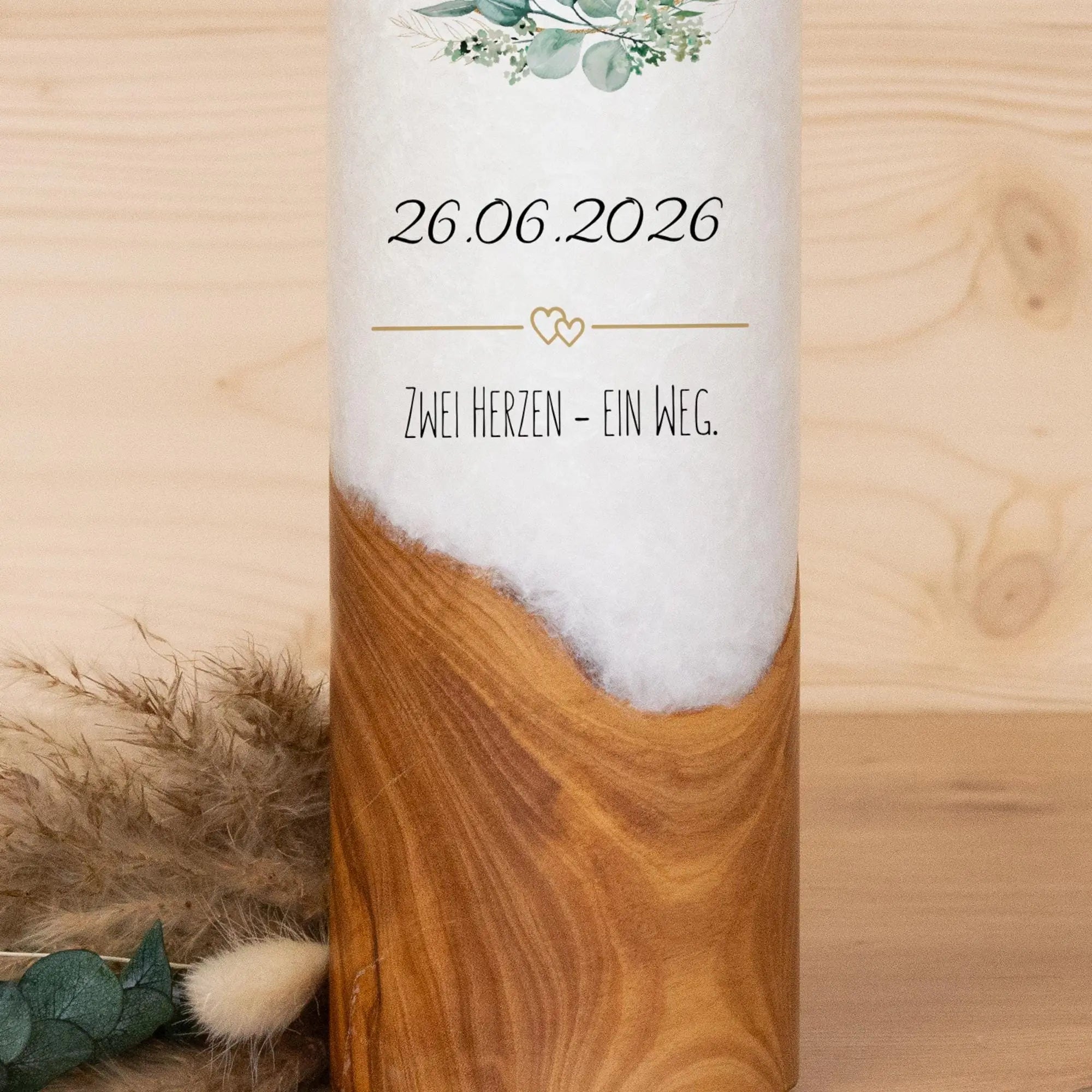 Hochzeitskerze mit Holz - Blätterkranz - individuelle Fertigung - Für die Hochzeit - Geschenk zur Hochzeit - Holzkerze