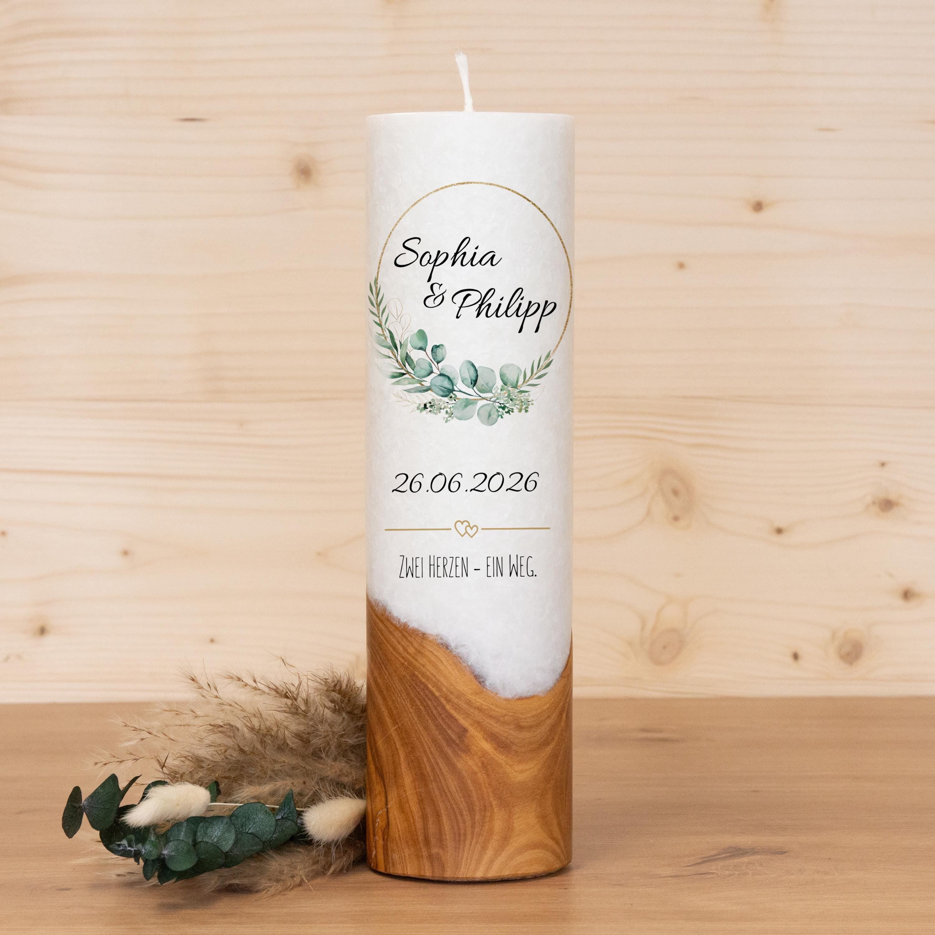 Hochzeitskerze mit Holz - Blätterkranz - individuelle Fertigung - Für die Hochzeit - Geschenk zur Hochzeit - Holzkerze