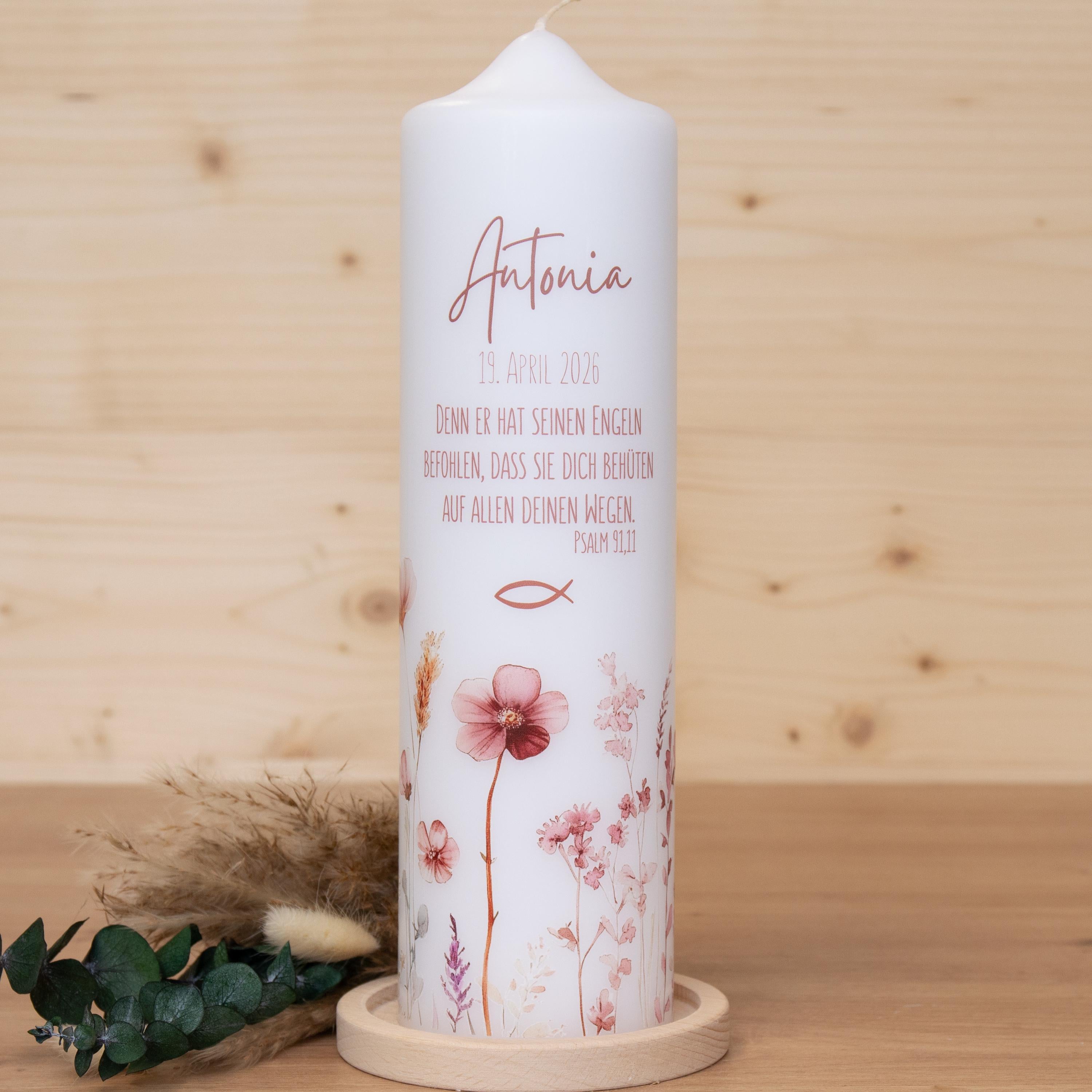 personalisierte Taufkerze Blumenwiese - Antonia - Wildblumen - Für die Taufe, Kerze zur Taufe, Taufkerze, Personalisierte Taufkerze