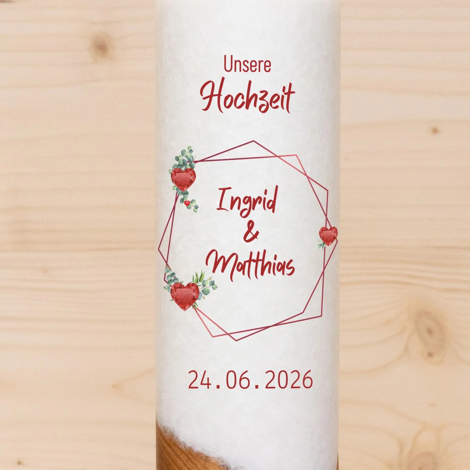 Hochzeitskerze mit Holz - Rubin Herzen - individuelle Fertigung - Für die Hochzeit - Geschenk zur Hochzeit - Holzkerze