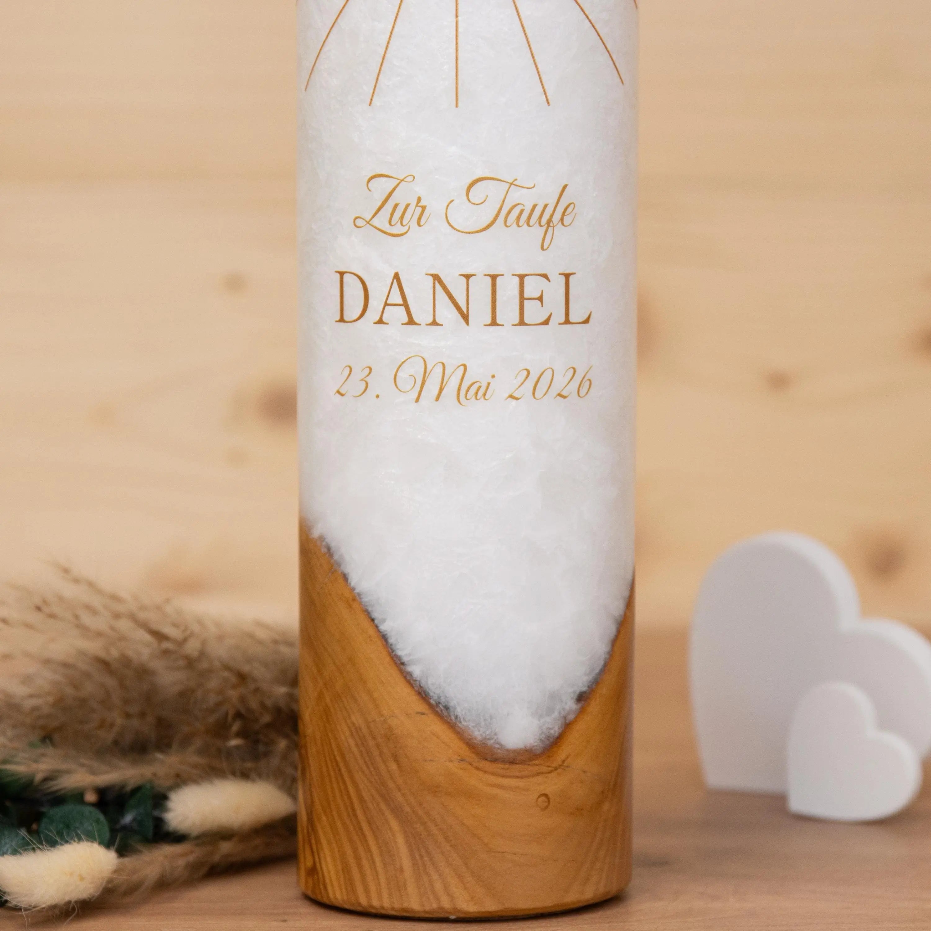 Taufkerze mit Holz - strahlendes Kreuz - individuelle Fertigung - Für die Taufe - Geschenk zur Taufe - Holzkerze - 25x7cm