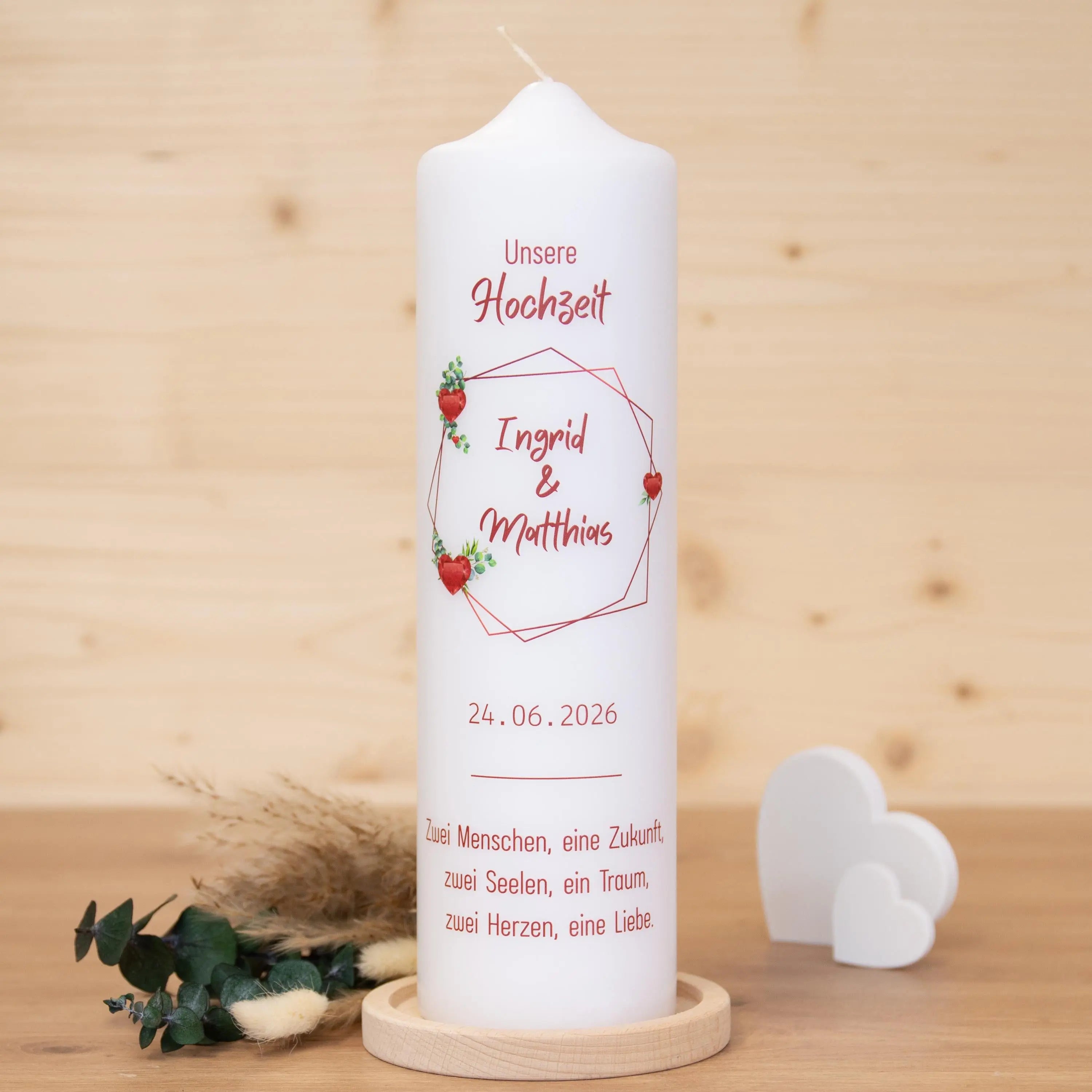 Hochzeitskerze - Rubin Herzen - individuelle Fertigung - Für die Hochzeit - Traukerze - Trauung Kerze