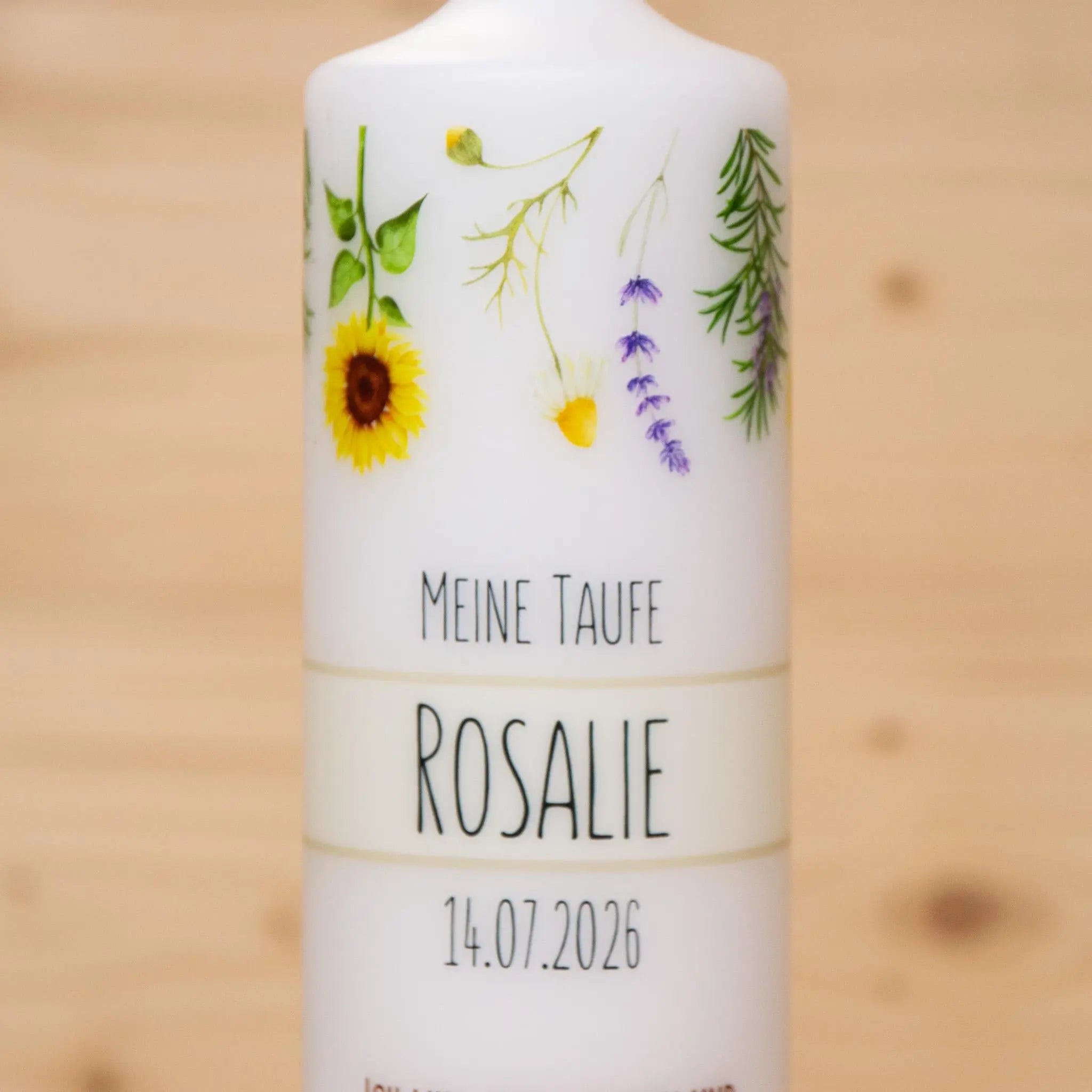 personalisierte Taufkerze Blumenwiese - Rosalie - Wildblumen - Sonnenblumen - Zur Willkommensfeier
