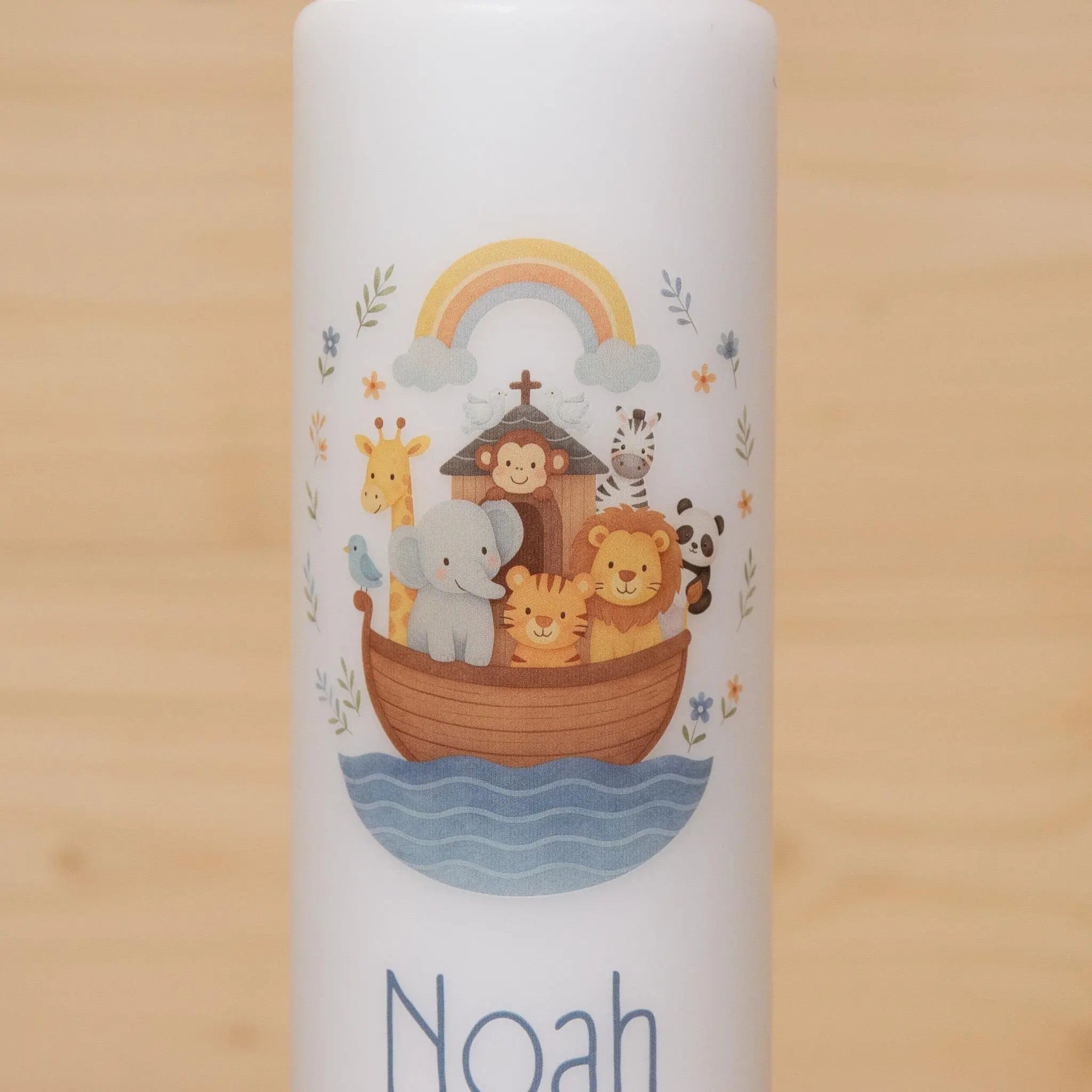 Personalisierte Taufkerze Arche Noah mit Name & Datum | Taufkerze mit Tieren in Blau, Altrosa oder Grün | Geschenk zur Taufe