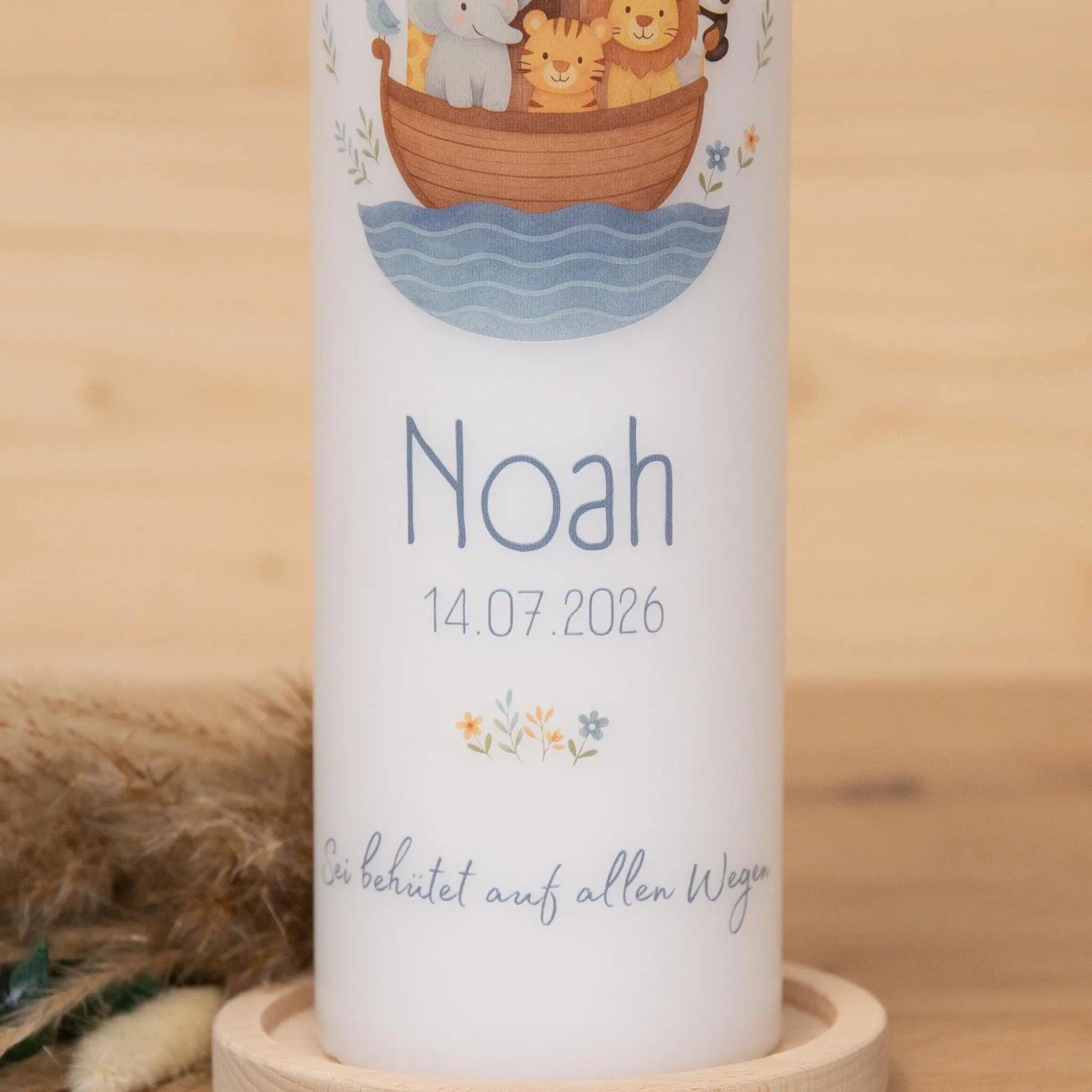 Personalisierte Taufkerze Arche Noah mit Name & Datum | Taufkerze mit Tieren in Blau, Altrosa oder Grün | Geschenk zur Taufe