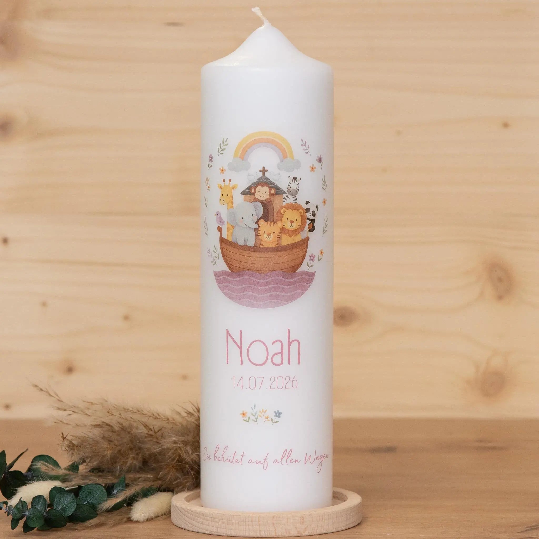 Personalisierte Taufkerze Arche Noah mit Name & Datum | Taufkerze mit Tieren in Blau, Altrosa oder Grün | Geschenk zur Taufe