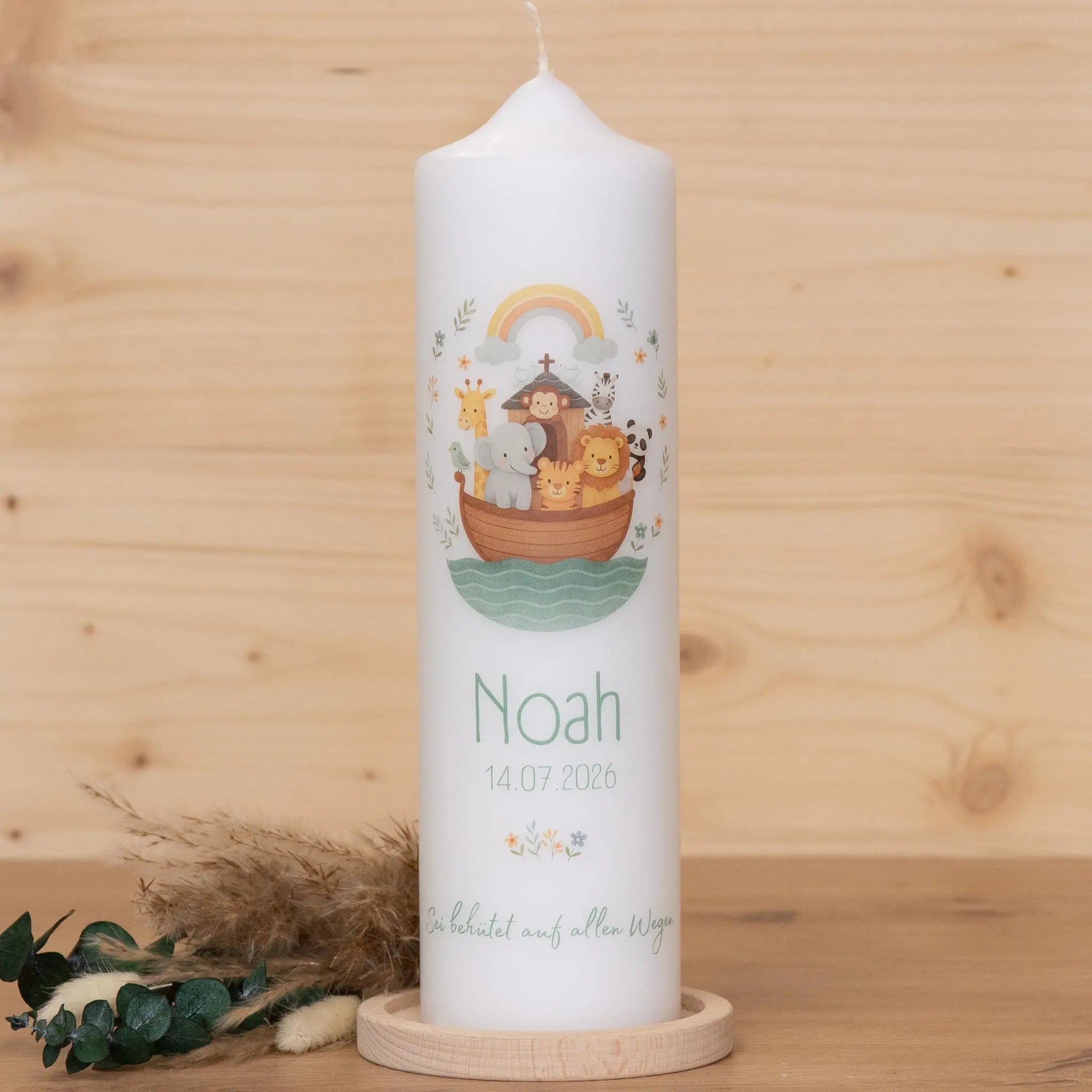 Personalisierte Taufkerze Arche Noah mit Name & Datum | Taufkerze mit Tieren in Blau, Altrosa oder Grün | Geschenk zur Taufe