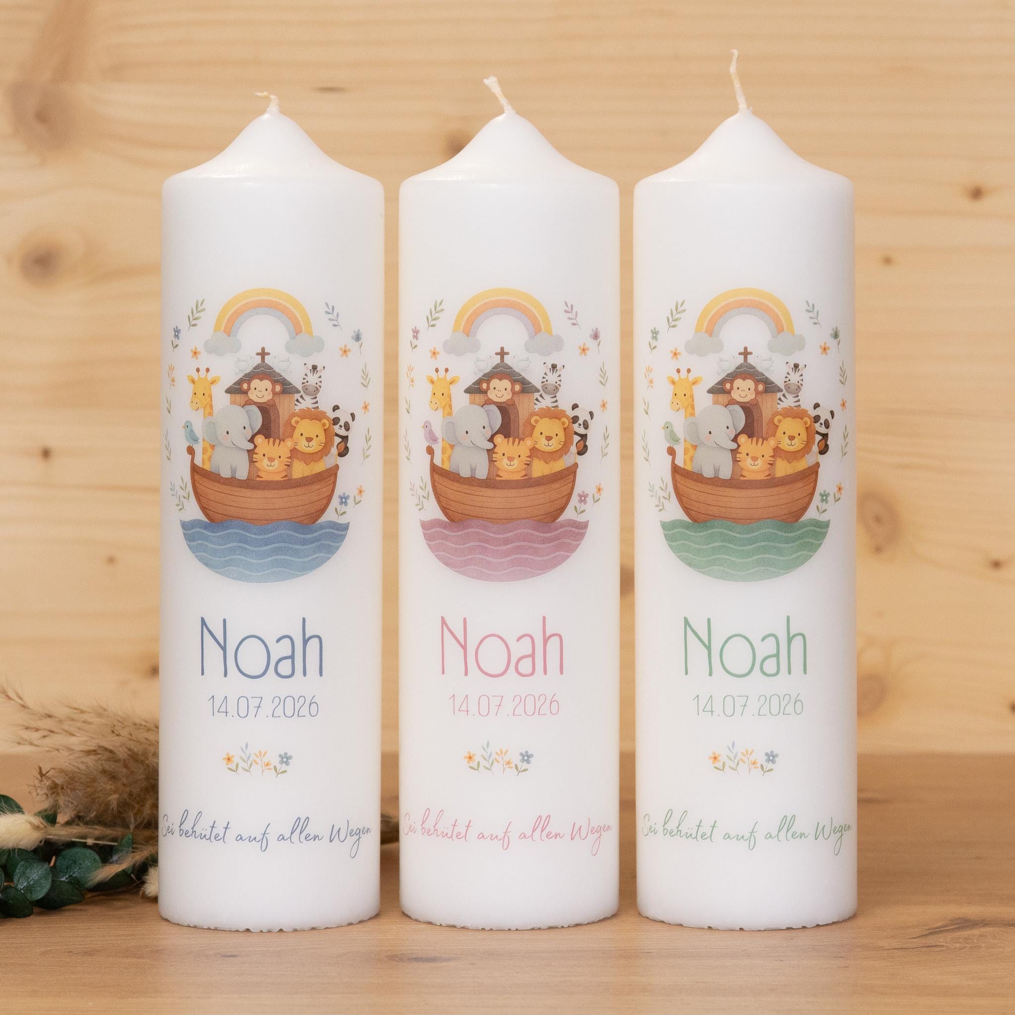 Personalisierte Taufkerze Arche Noah mit Name & Datum | Taufkerze mit Tieren in Blau, Altrosa oder Grün | Geschenk zur Taufe