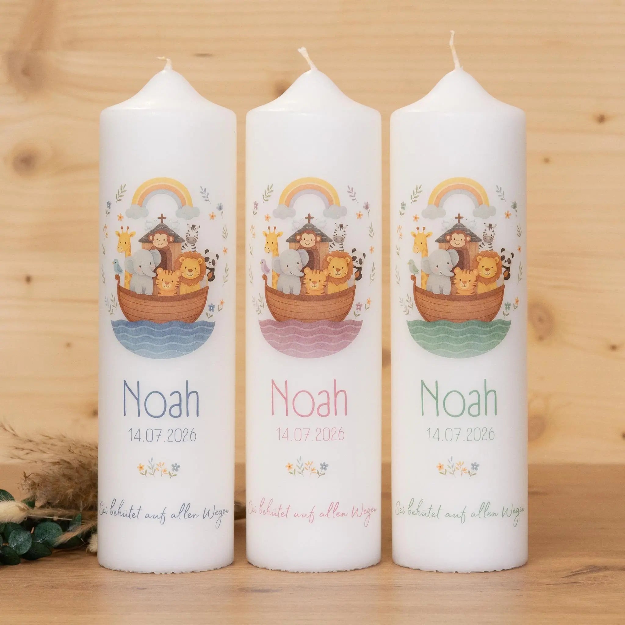 Personalisierte Taufkerze Arche Noah mit Name & Datum | Taufkerze mit Tieren in Blau, Altrosa oder Grün | Geschenk zur Taufe