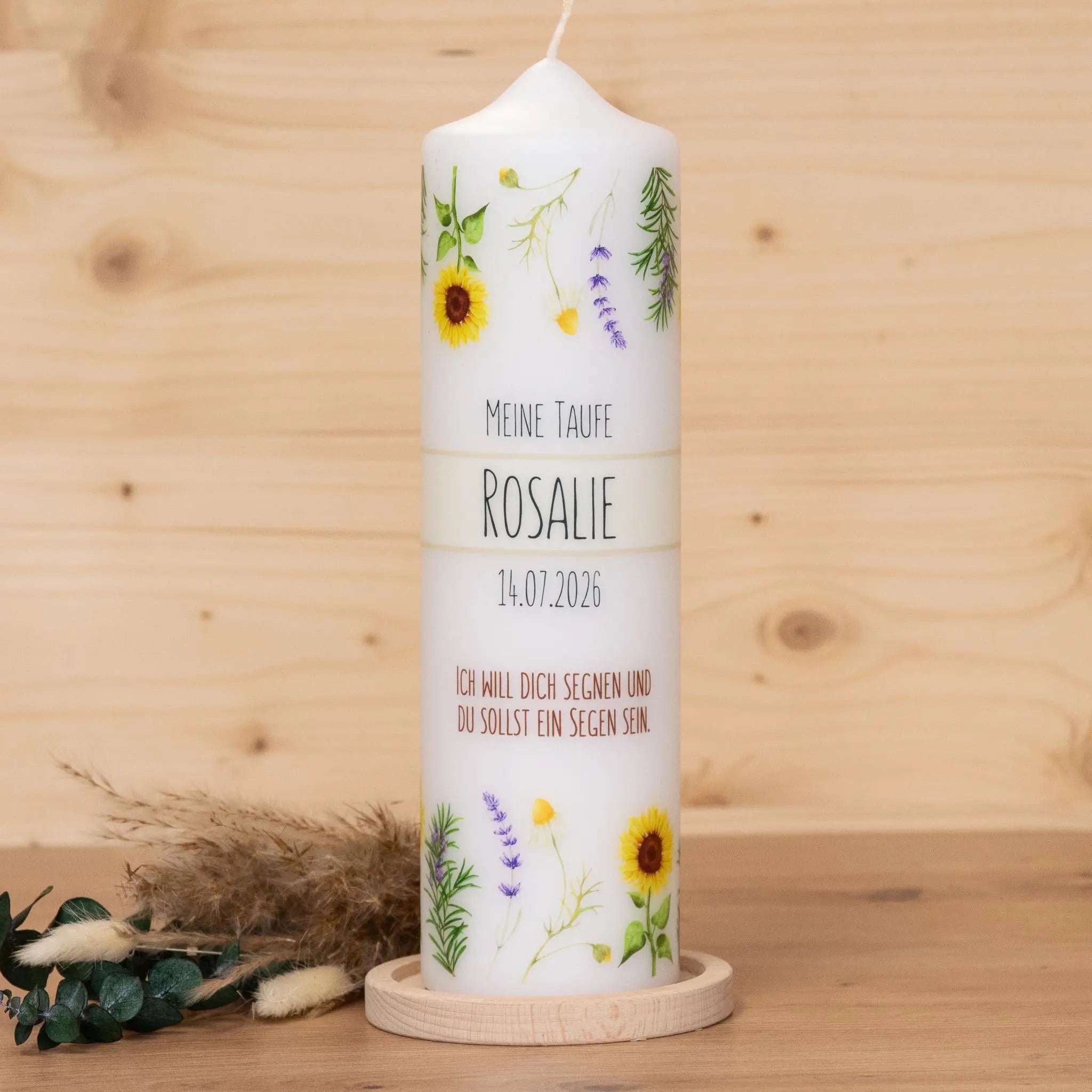 personalisierte Taufkerze Blumenwiese - Rosalie - Wildblumen - Sonnenblumen - Zur Willkommensfeier
