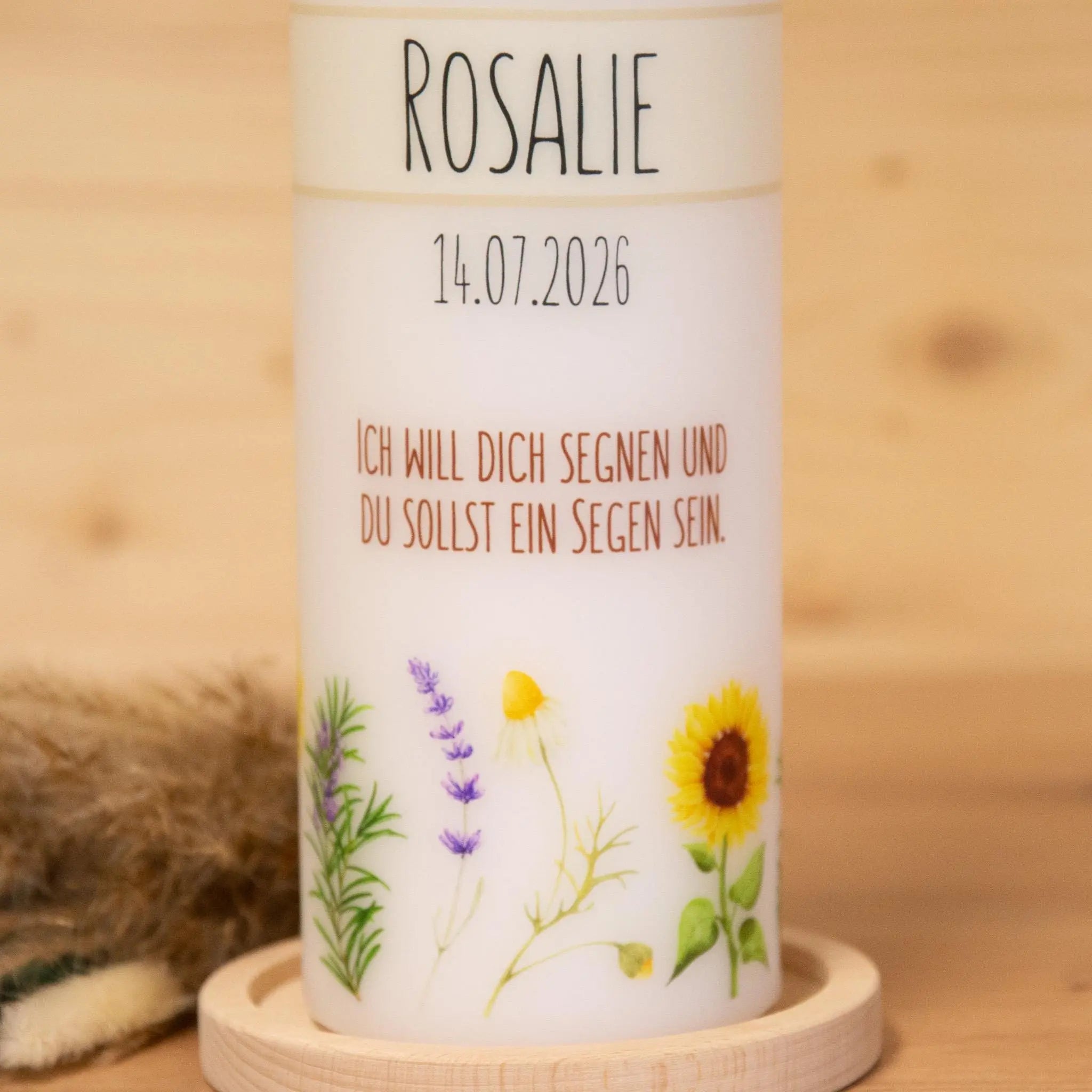 personalisierte Taufkerze Blumenwiese - Rosalie - Wildblumen - Sonnenblumen - Zur Willkommensfeier