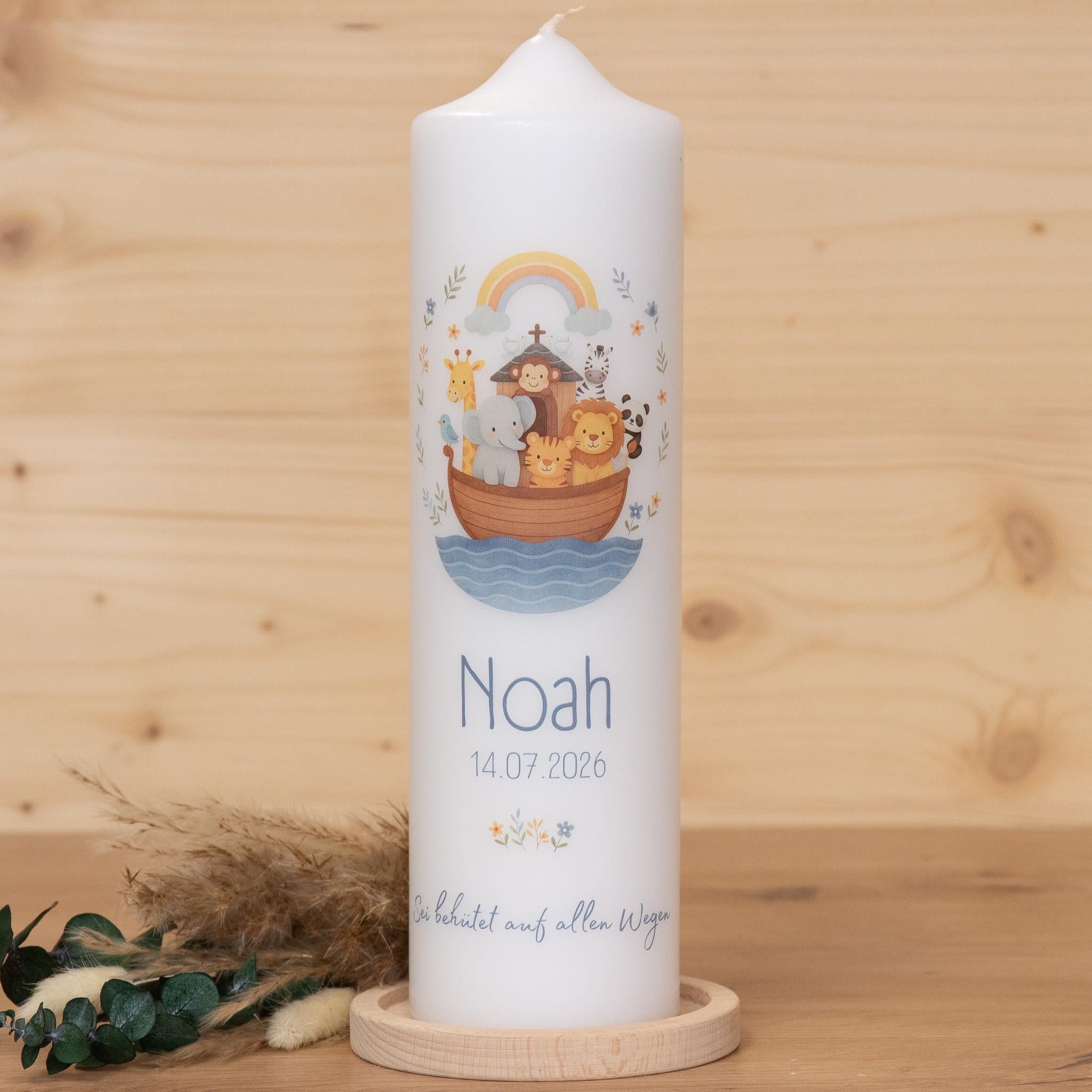 Personalisierte Taufkerze Arche Noah mit Name & Datum | Taufkerze mit Tieren in Blau, Altrosa oder Grün | Geschenk zur Taufe