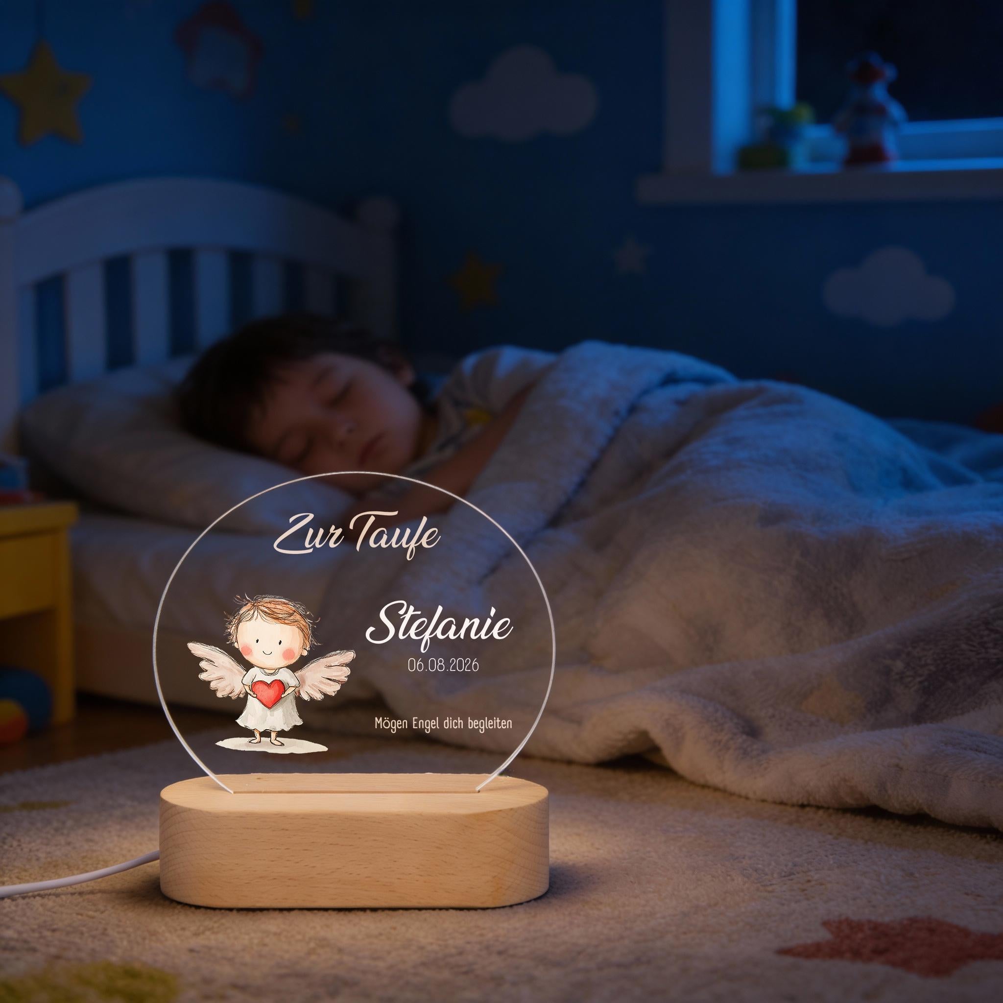 Personalisierte LED-Nachtlampe mit Engel aus Acryl mit Buchenholzsockel fürs Kinderzimmer, süßes Engelsmotiv für Kinder - Ideal zur Taufe