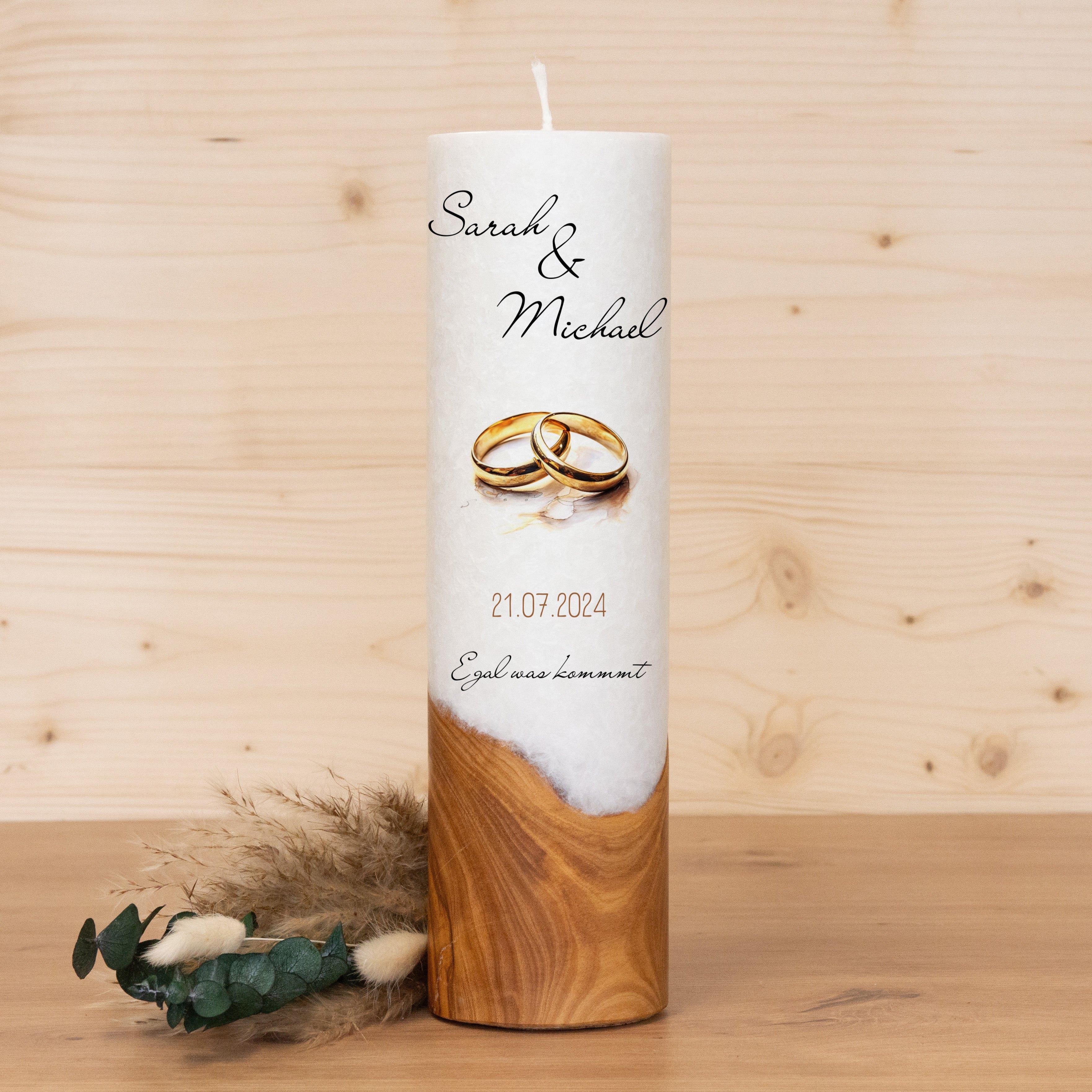 Hochzeitskerze - Holzeinlage Ringe