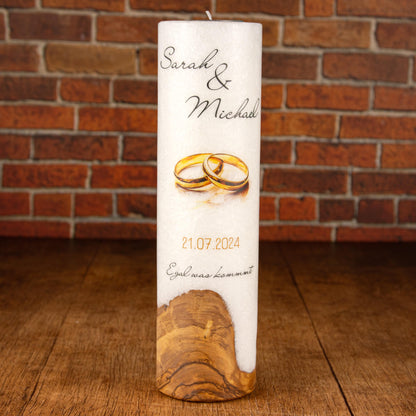 Hochzeitskerze - Holzeinlage Ringe