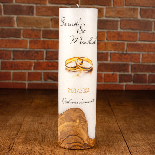 Hochzeitskerze - Holzeinlage Ringe
