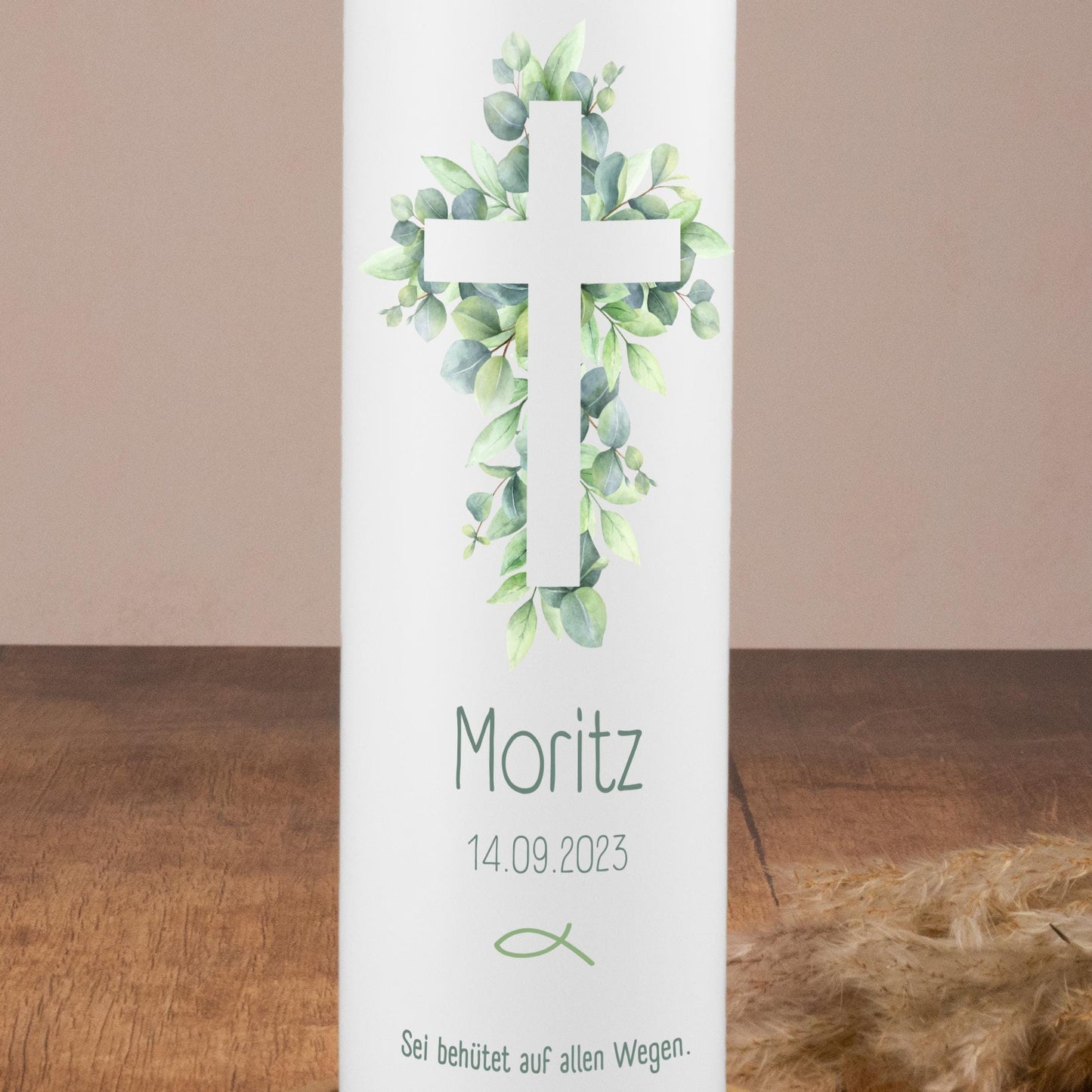 Taufkerze Kreuz Blätter - Moritz - individuelle Fertigung - Für die Taufe, Kerze zur Taufe, Taufkerze, Personalisierte Taufkerze