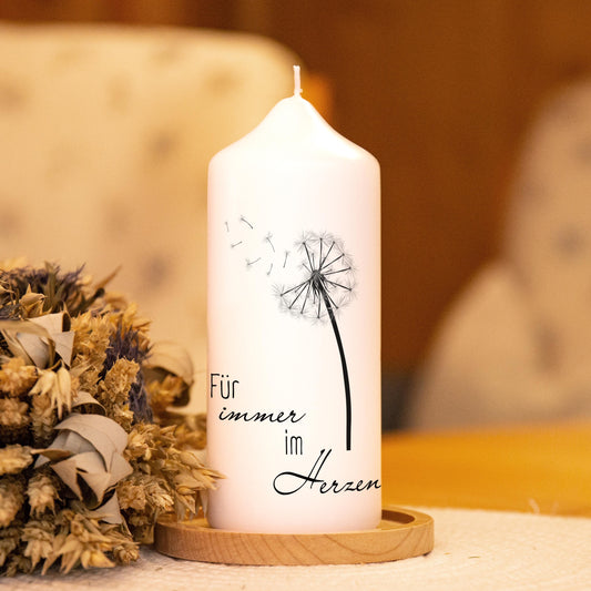 Trauerkerze Pusteblume - Im Herzen, Gedenklicht, Geschenk für Trauernde, Trauergeschenk, Kordolenzgeschenk, Geschenk für Angehörige