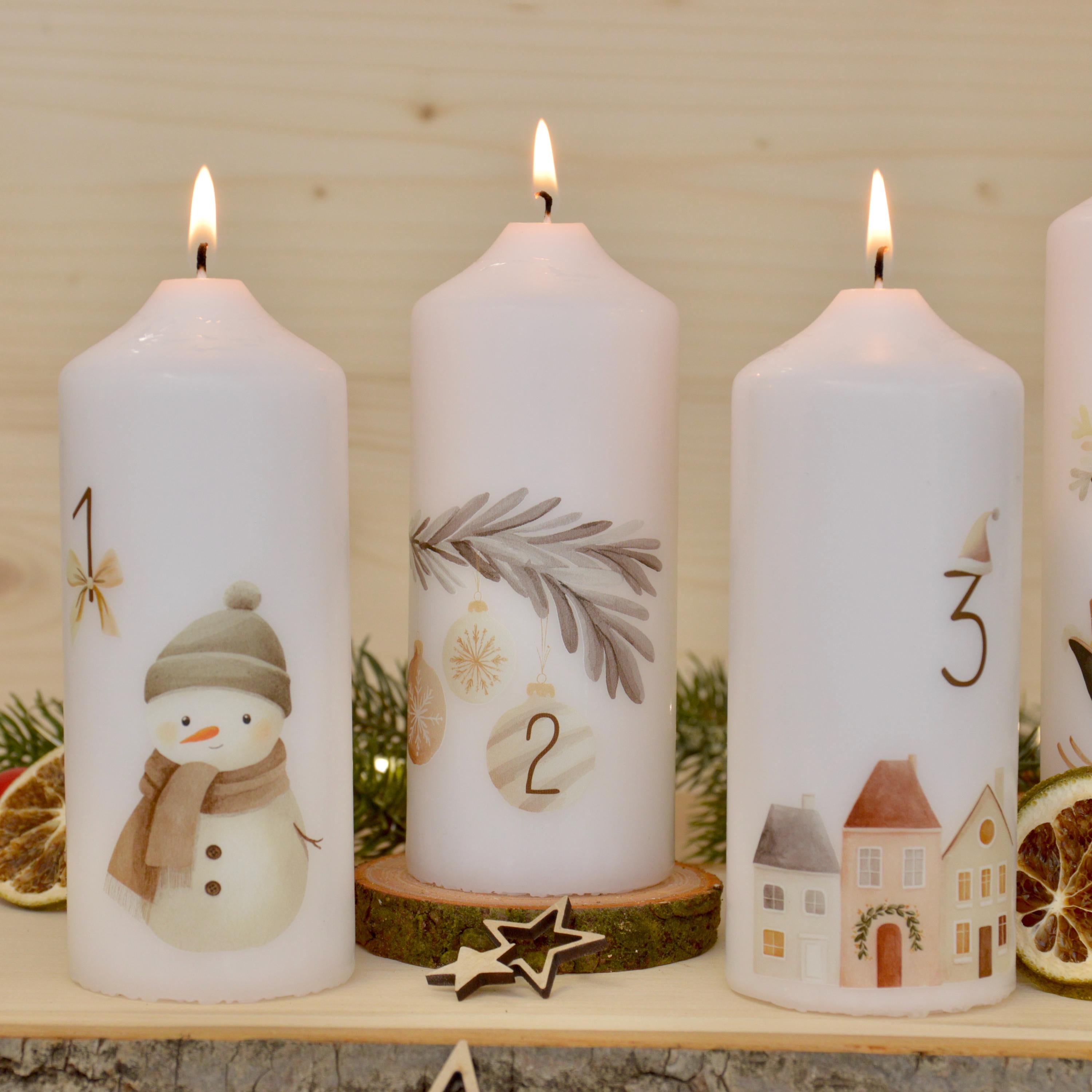 4 Adventskerzen mit skandinavischen Aquarell-Weihnachtsmotiven – Kerzen Set für Adventskranz | Nordic Christmas | Geschenkidee Weihnachten