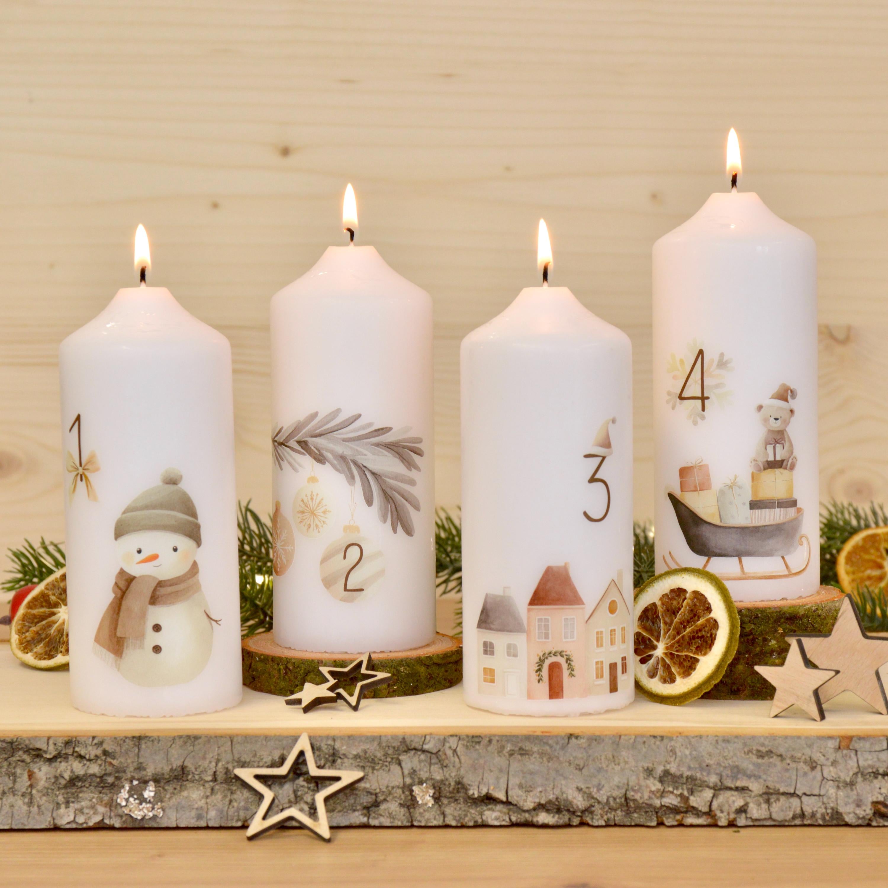 4 Adventskerzen mit skandinavischen Aquarell-Weihnachtsmotiven – Kerzen Set für Adventskranz | Nordic Christmas | Geschenkidee Weihnachten
