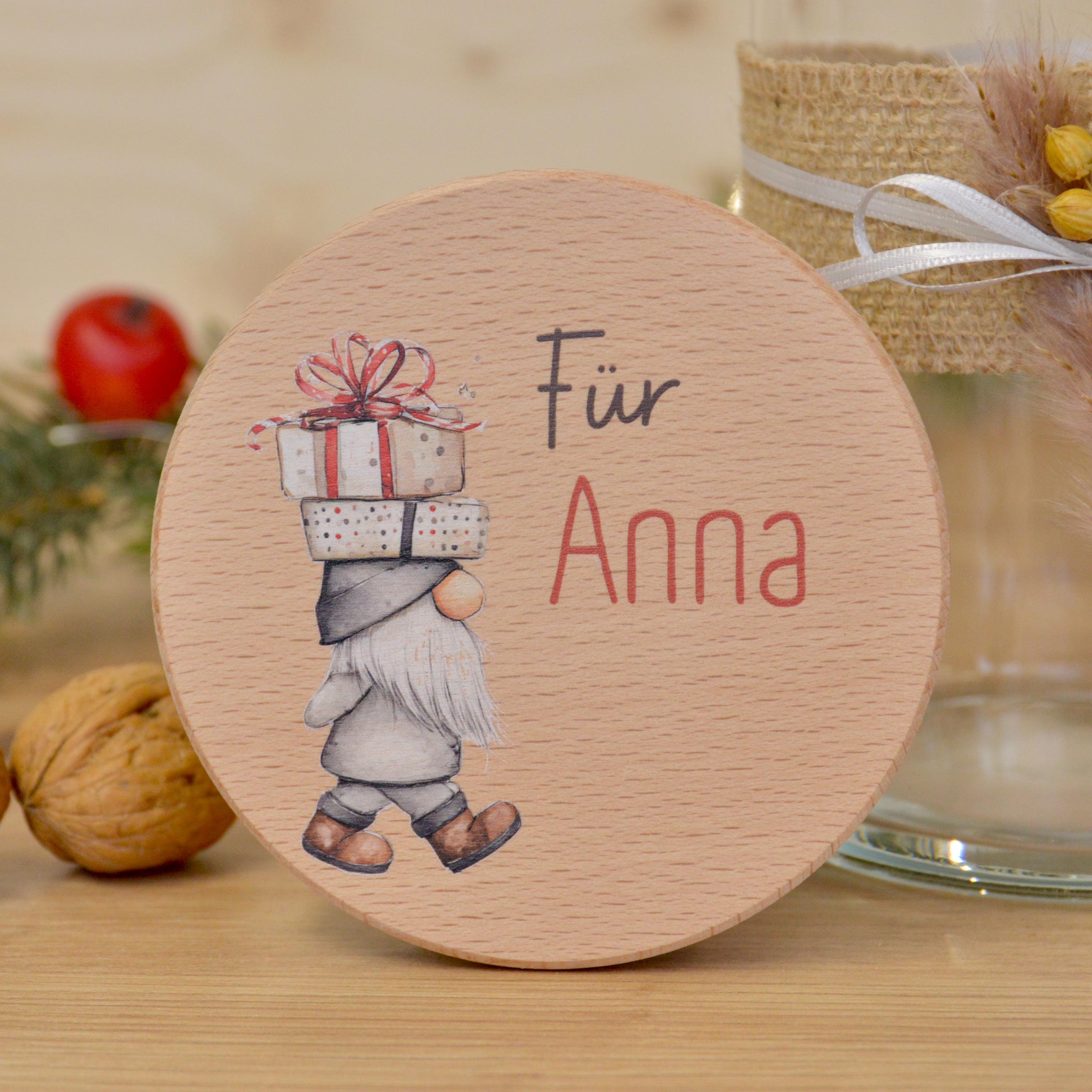 Aufbewahrungsglas mit Wichtel sitzend "Für Anna" – personalisierte Geschenkidee zum Weihnachten, Weihnachtswichtel, Wichteln