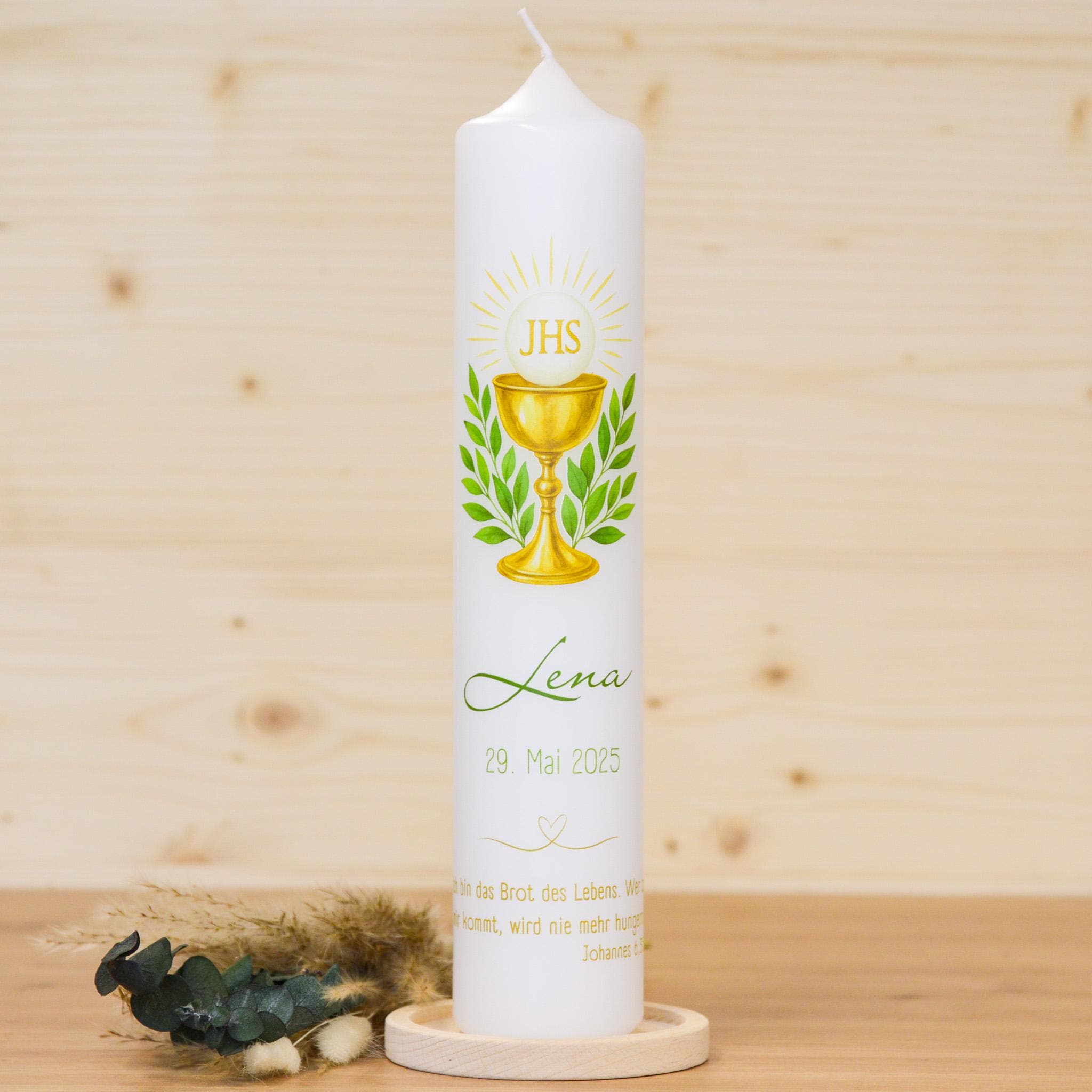 Personalisierte Kommunionkerze Kelch Lena – Mit Name, Datum & Spruch – Kerze zur Erstkommunion - Erstkommunion