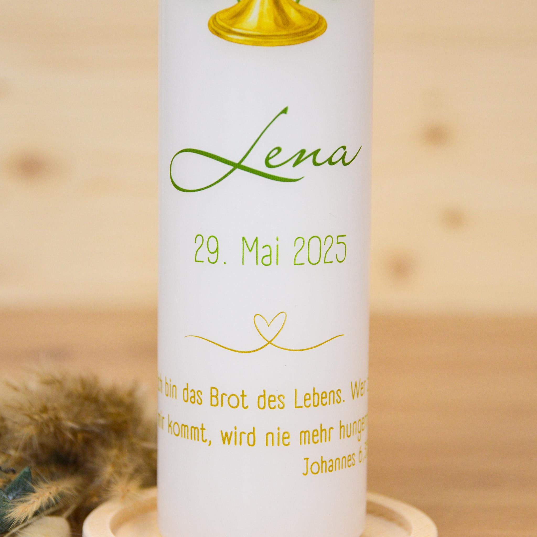 Personalisierte Kommunionkerze Kelch Lena – Mit Name, Datum & Spruch – Kerze zur Erstkommunion - Erstkommunion