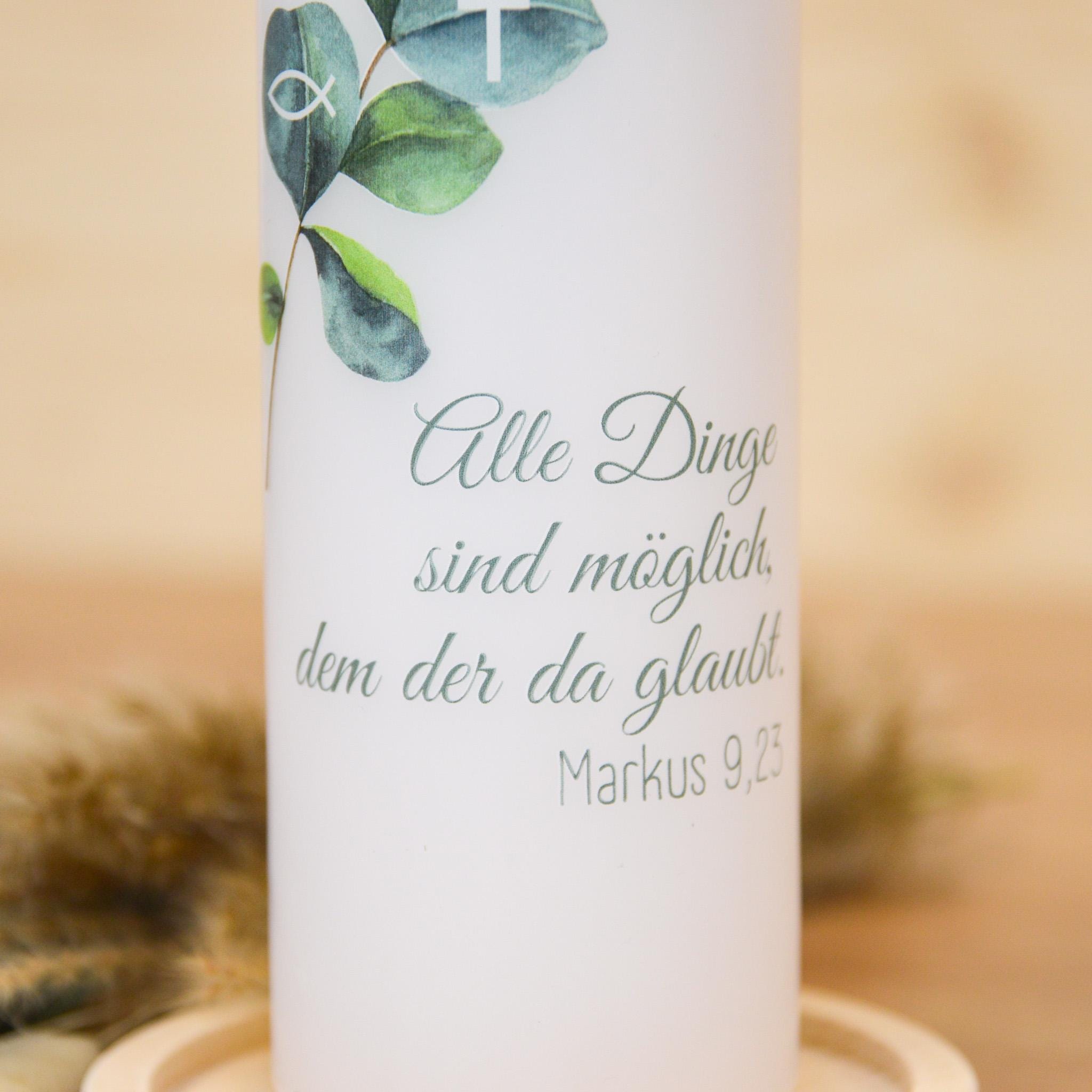Personalisierte Kommunionkerze Eukalyptus Sarah – Mit Name, Datum & Spruch – Kerze zur Erstkommunion - Erstkommunion